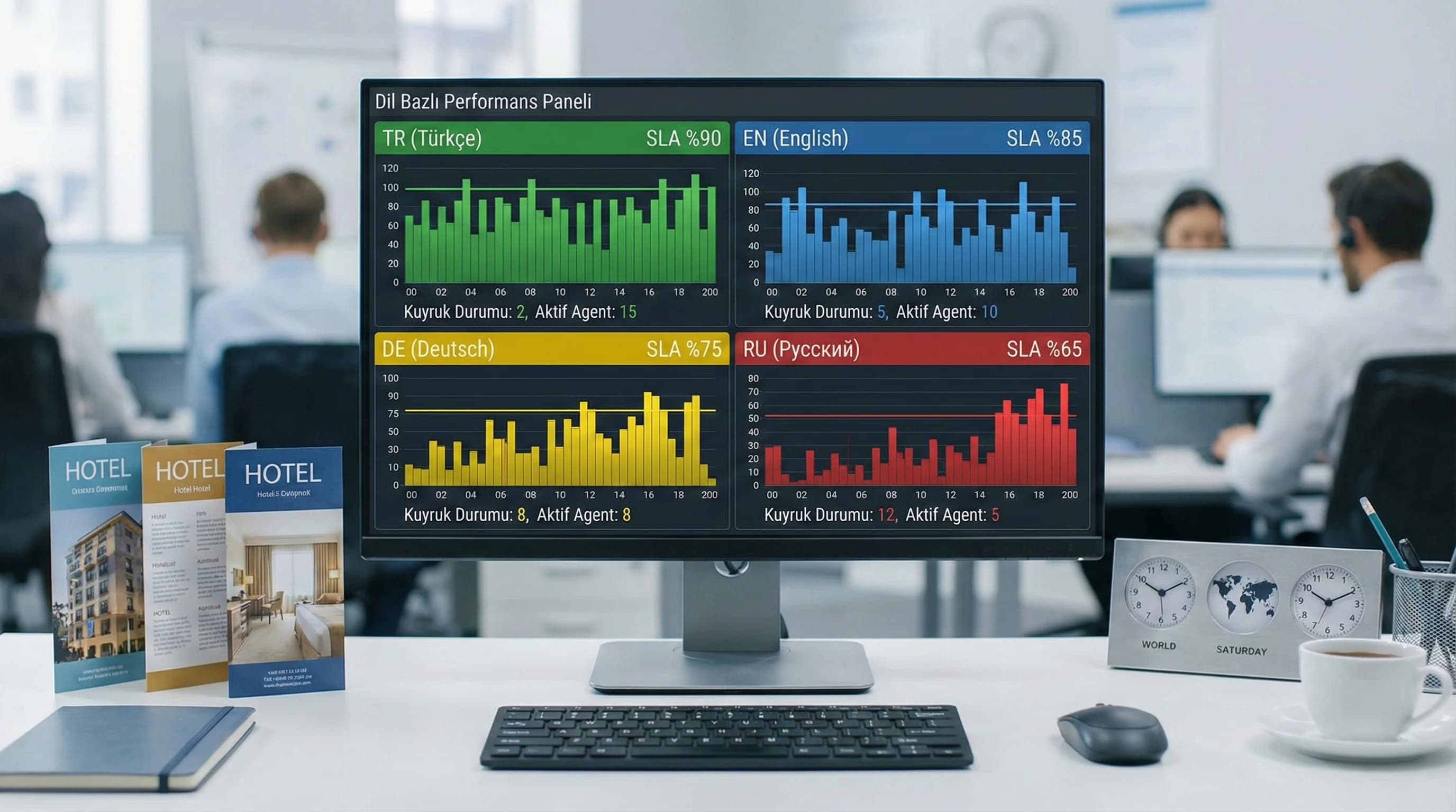 TR EN DE RU ayrı kuyruk grafikleri, dil bazlı operasyon performans görünümü