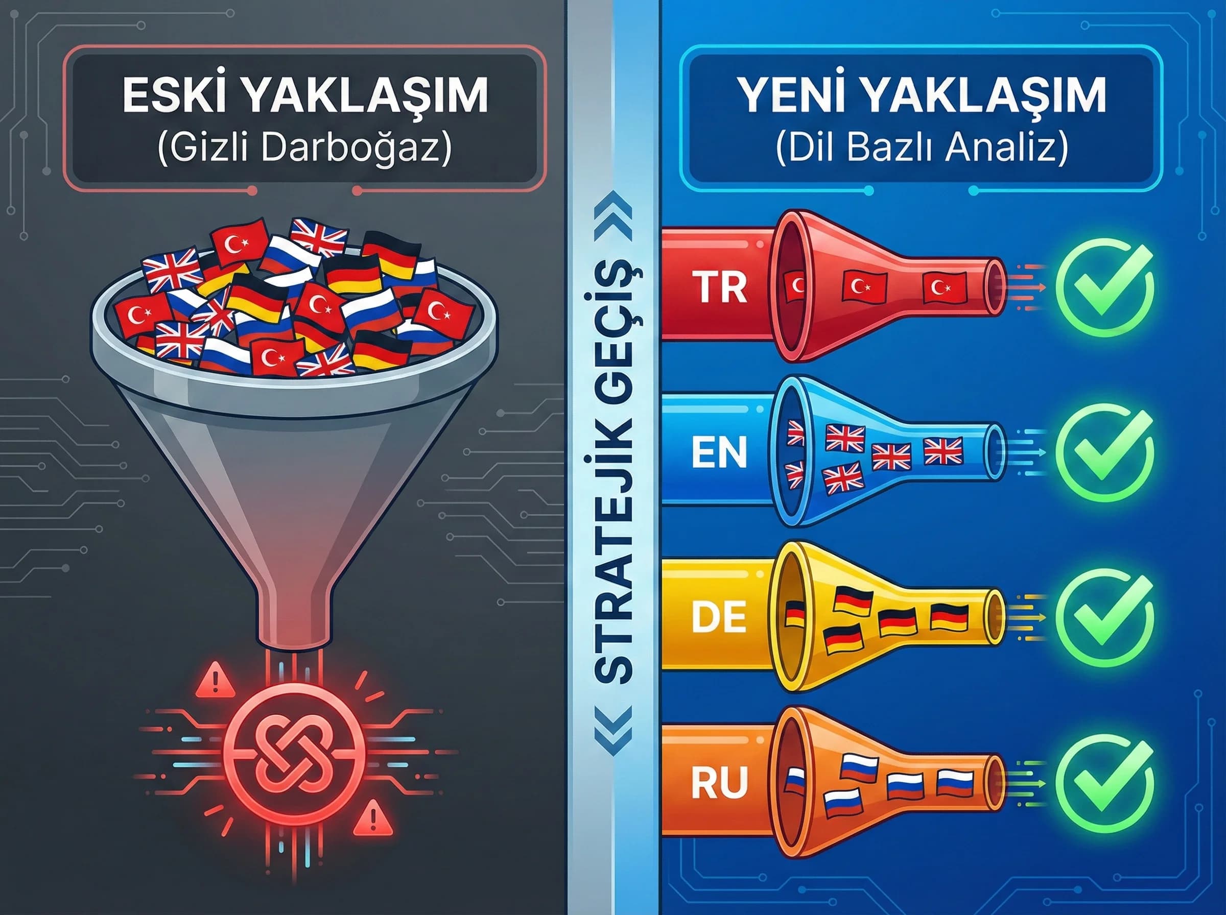 Dil bazlı analiz mantığı ve KPI ayrıştırma, otel çağrı merkezi geçiş görseli