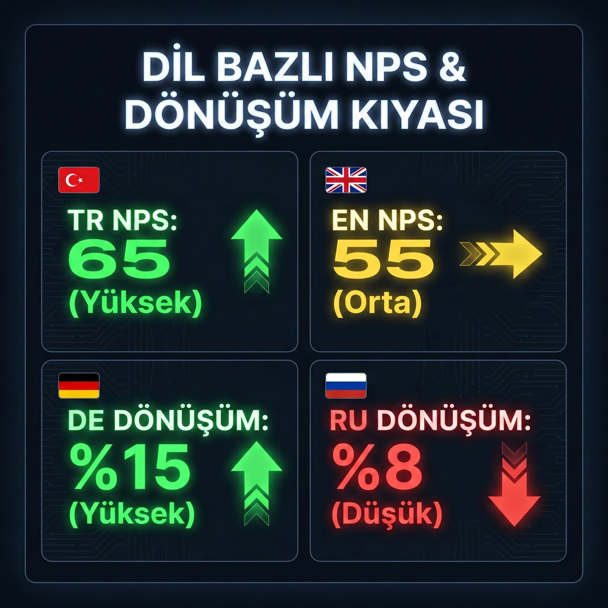Dil bazlı NPS ve satış dönüşüm skor kartları, TR EN DE RU kıyas paneli