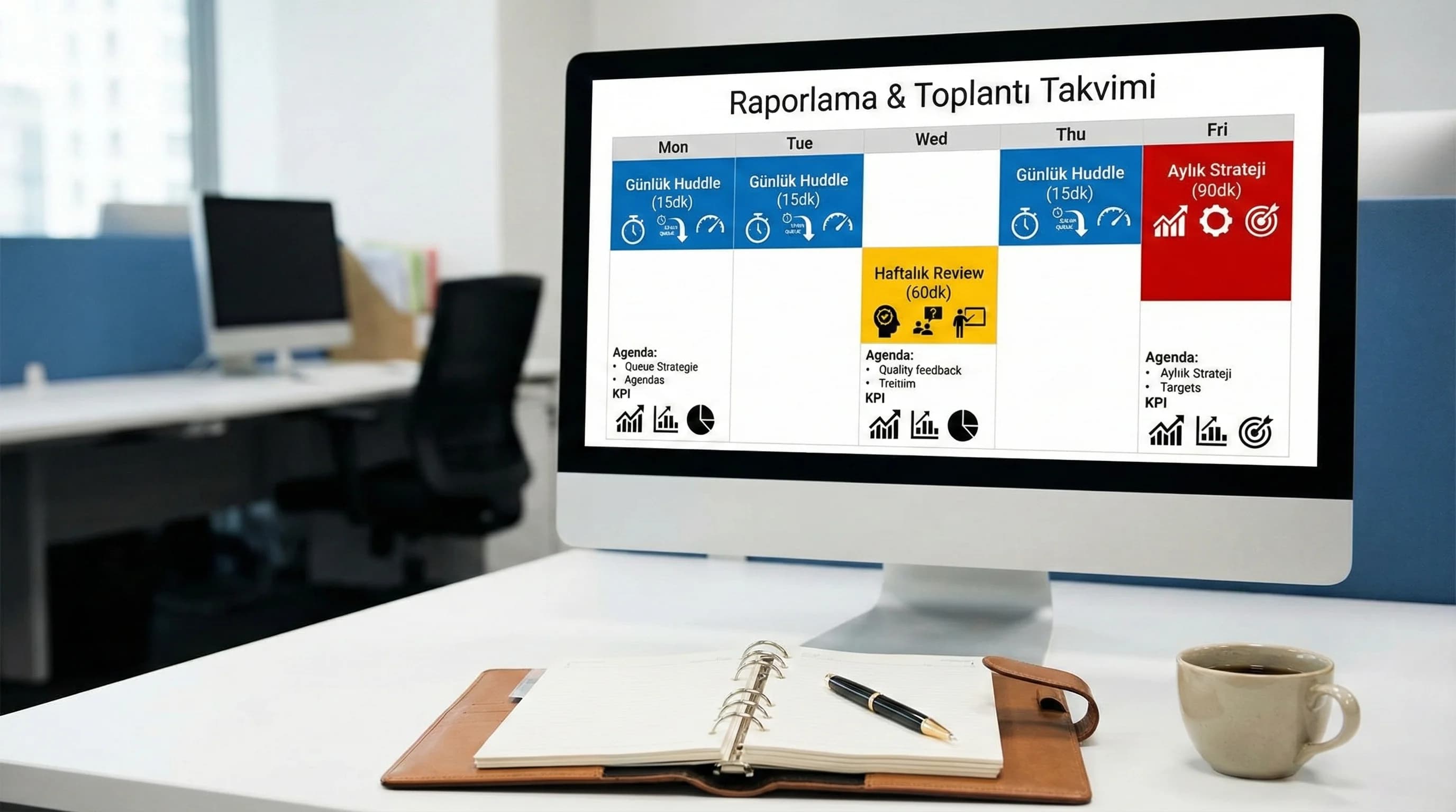 Toplantı ritmi takvimi görünümü, günlük huddle ve haftalık review akış