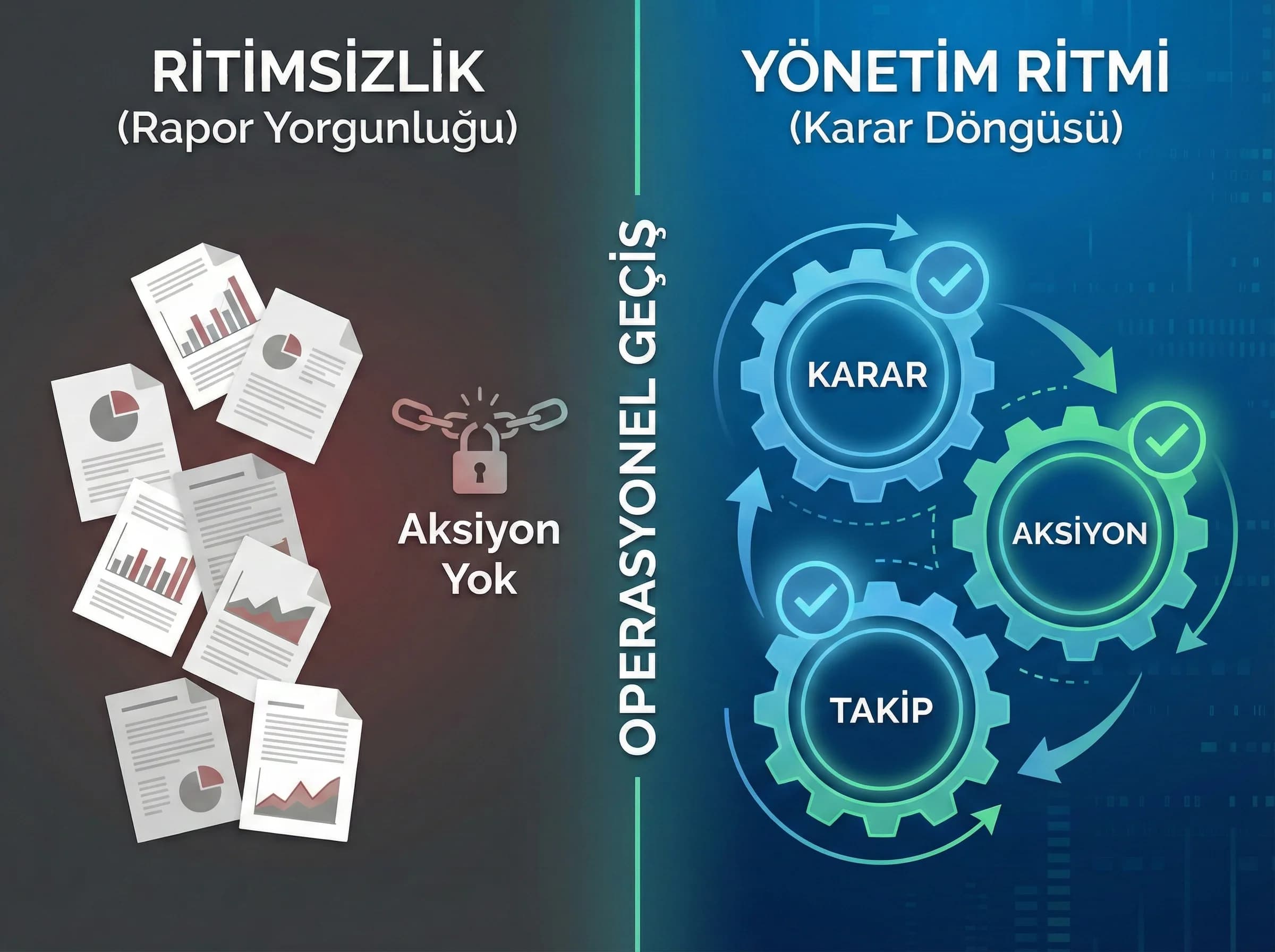 Governance ritmi ve karar aksiyon takip döngüsü, çağrı merkezi geçiş görseli