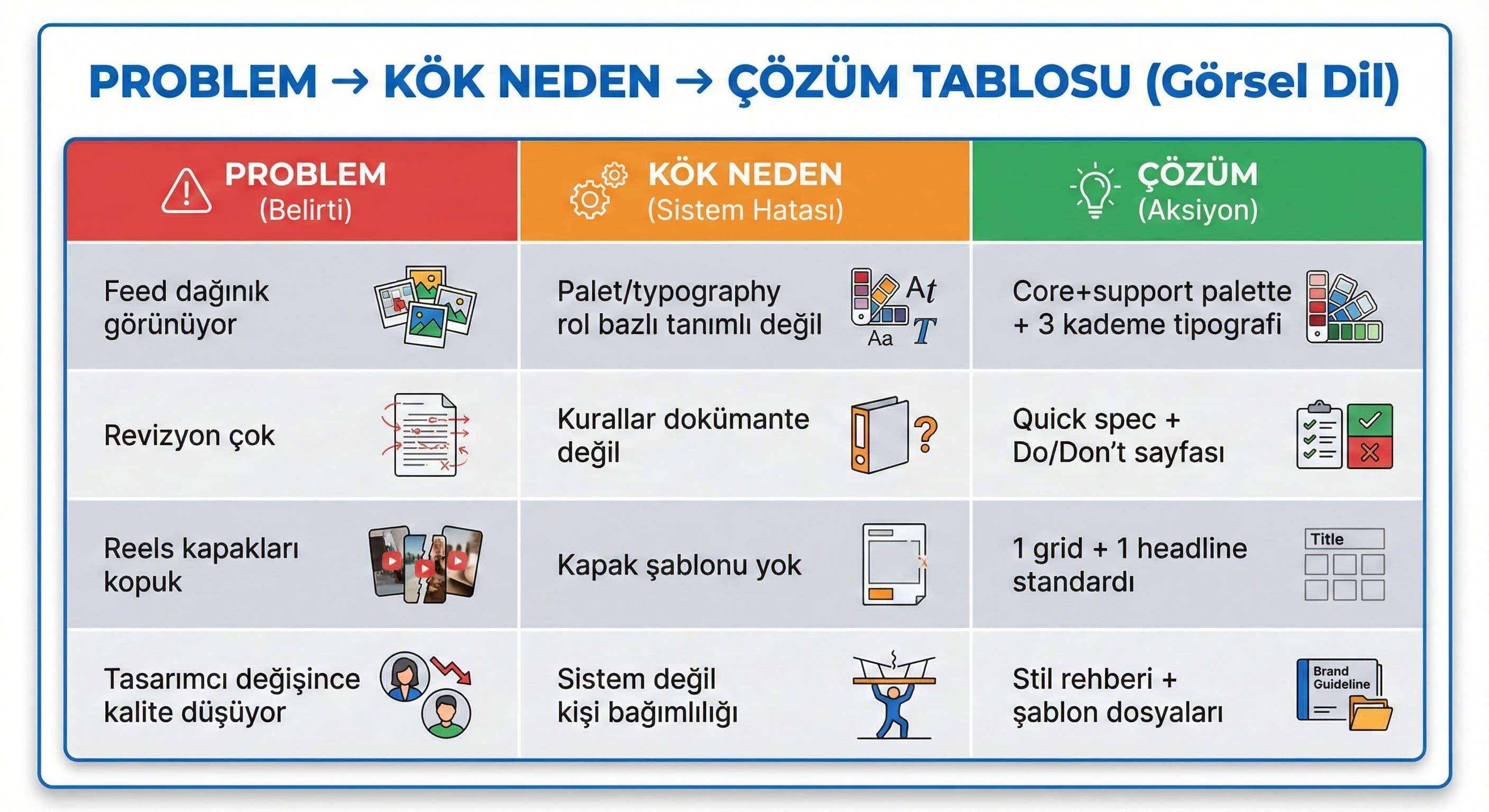 Problem→Kök Neden→Çözüm tablosu