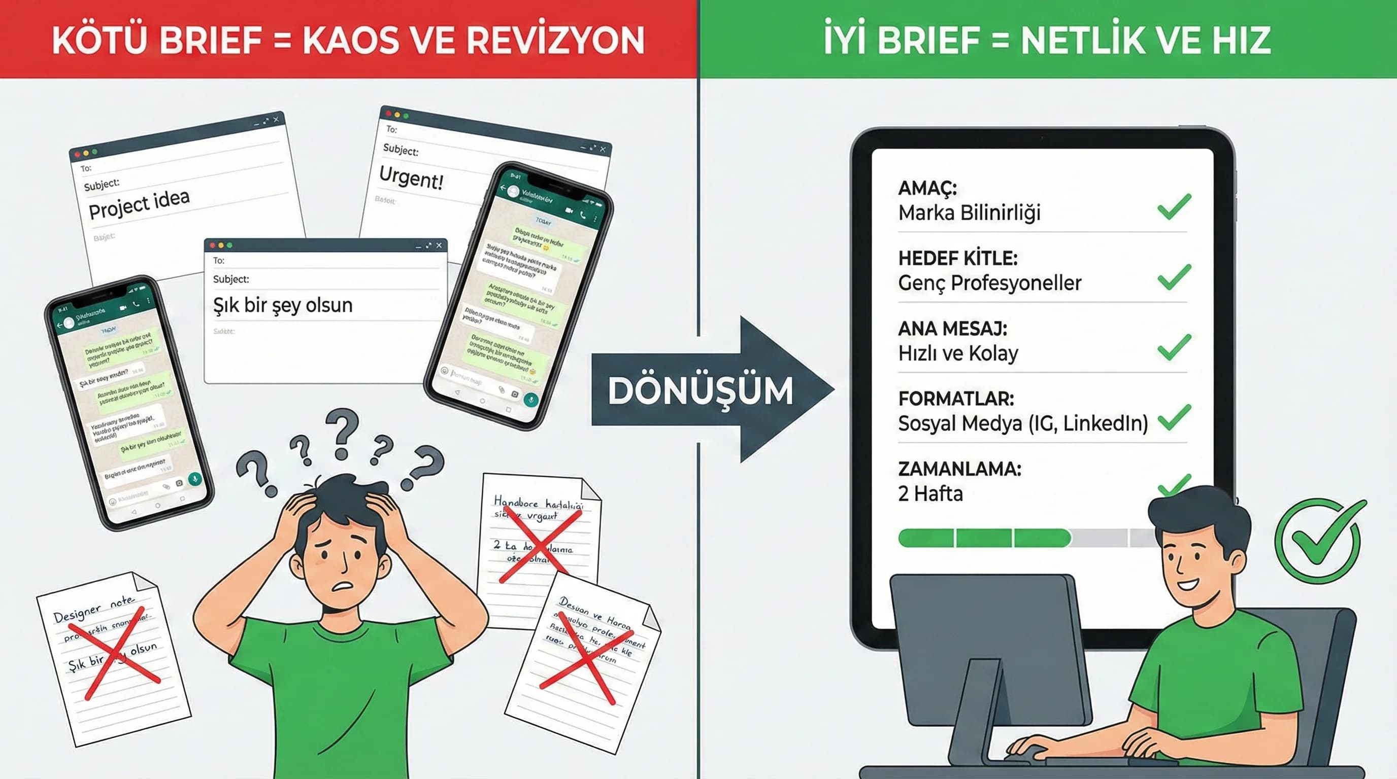 Kötü brief ve iyi brief karşılaştırması, grafik ve motion proje süreci