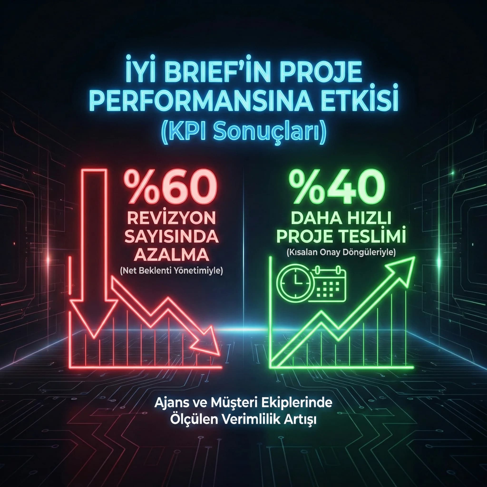 Revizyon ve süre KPI kartı, iyi brief ile süreç hızlanması paneli