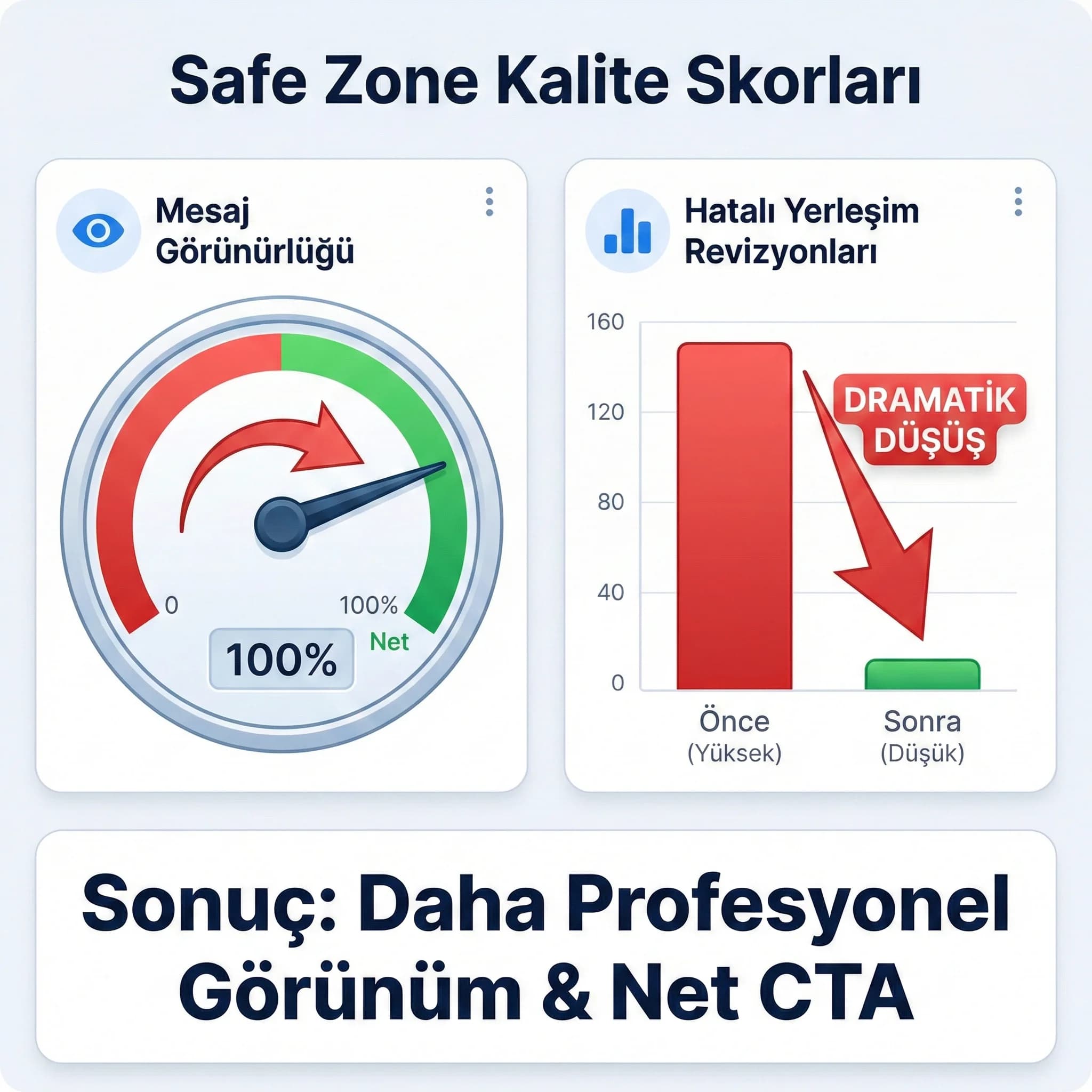 Mesaj gizlenmeme ve CTA netliği KPI kartı, dikey video kalite paneli