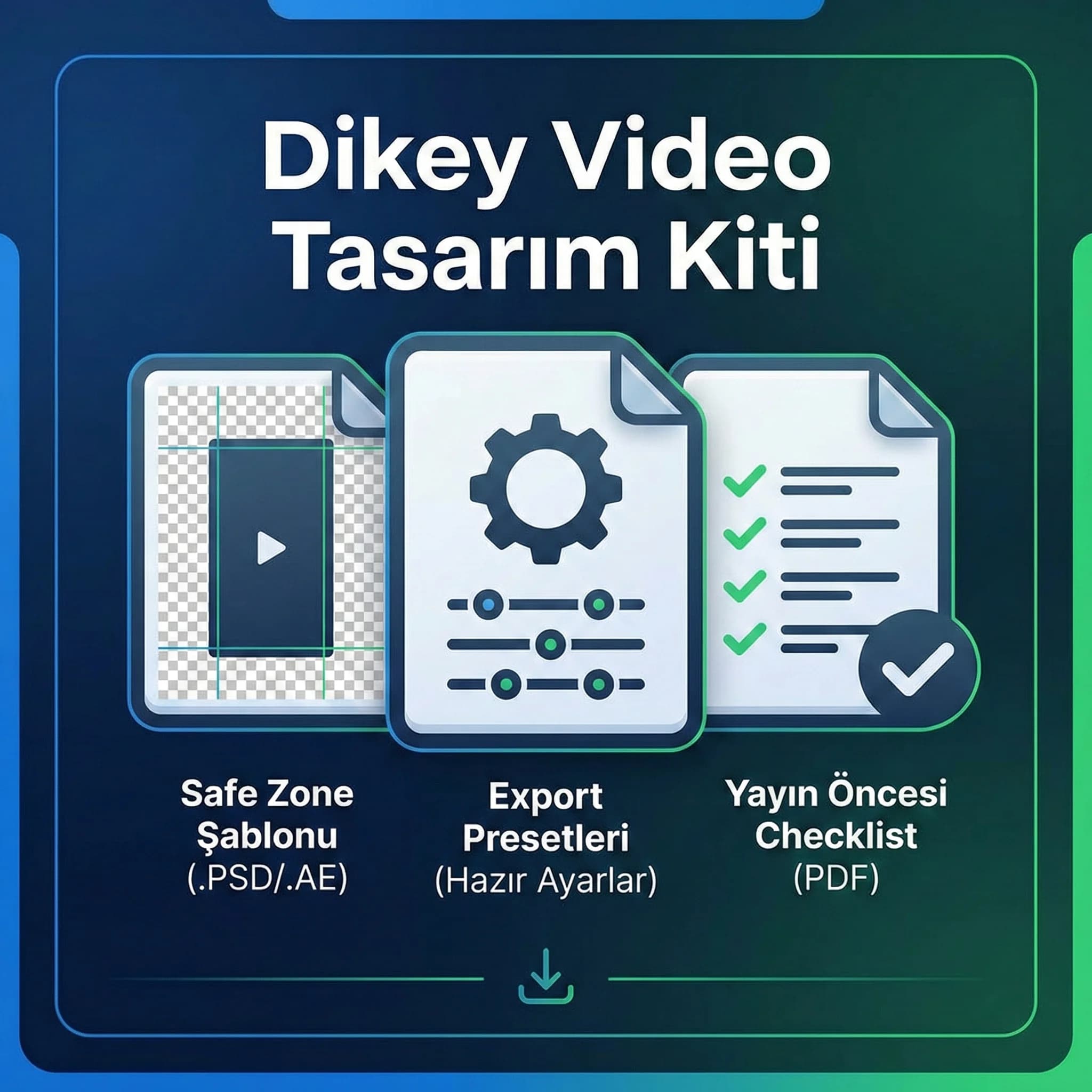 Dikey video template teslim kartı, safe zone overlay ve export preset