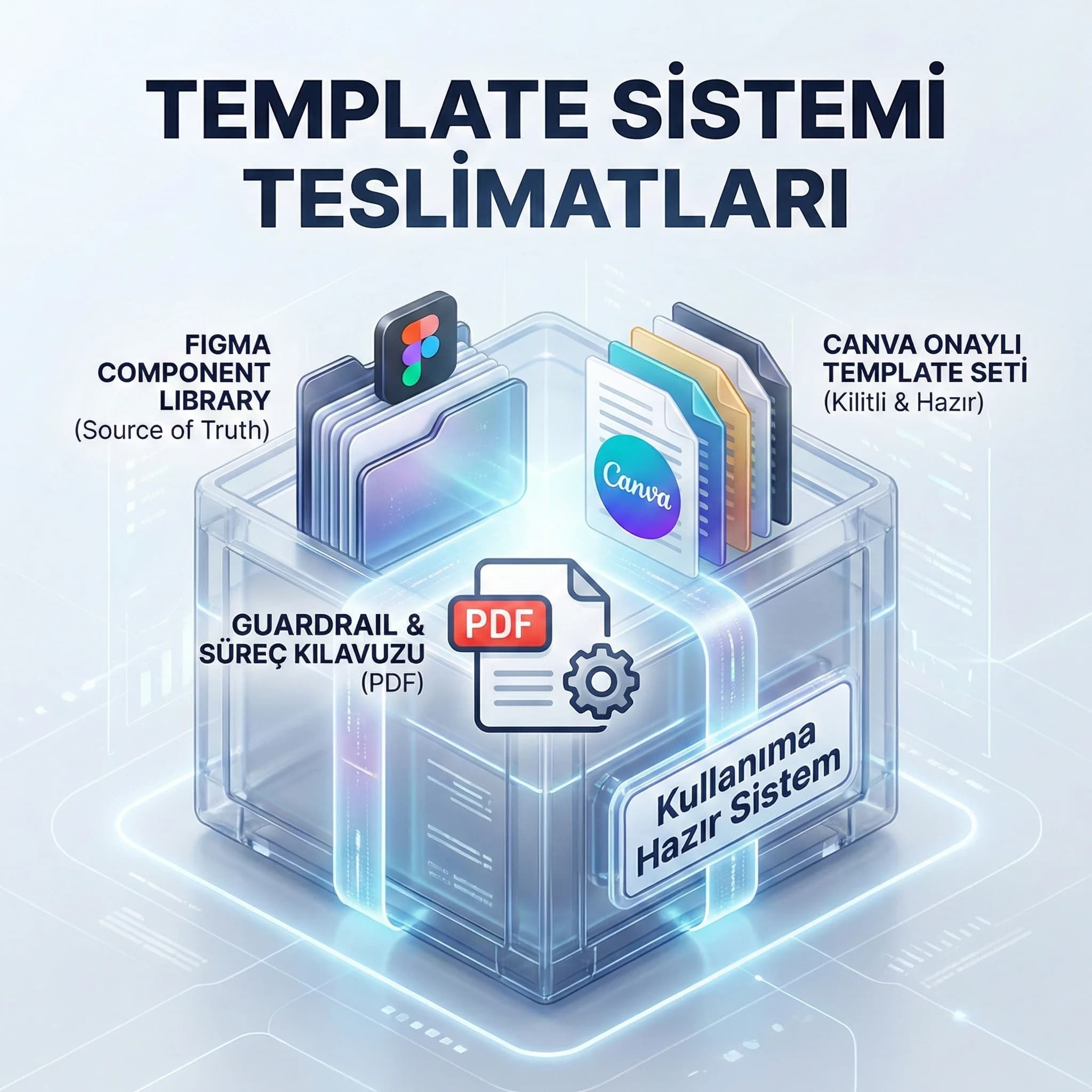 Brand kit ve template deliverables kartı, Figma component ve Canva şablon seti