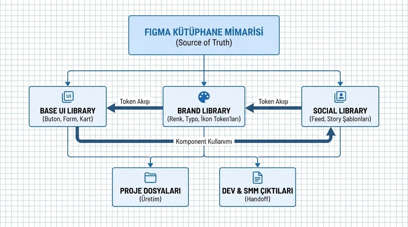 Figma kütüphane diyagramı, base UI brand social setler ve token akışı