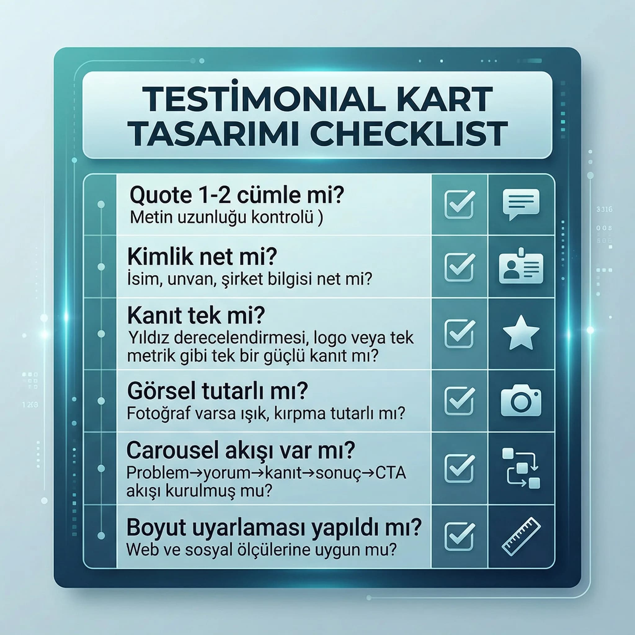 Testimonial checklist kartı, quote isim rating ve layout kontrolü
