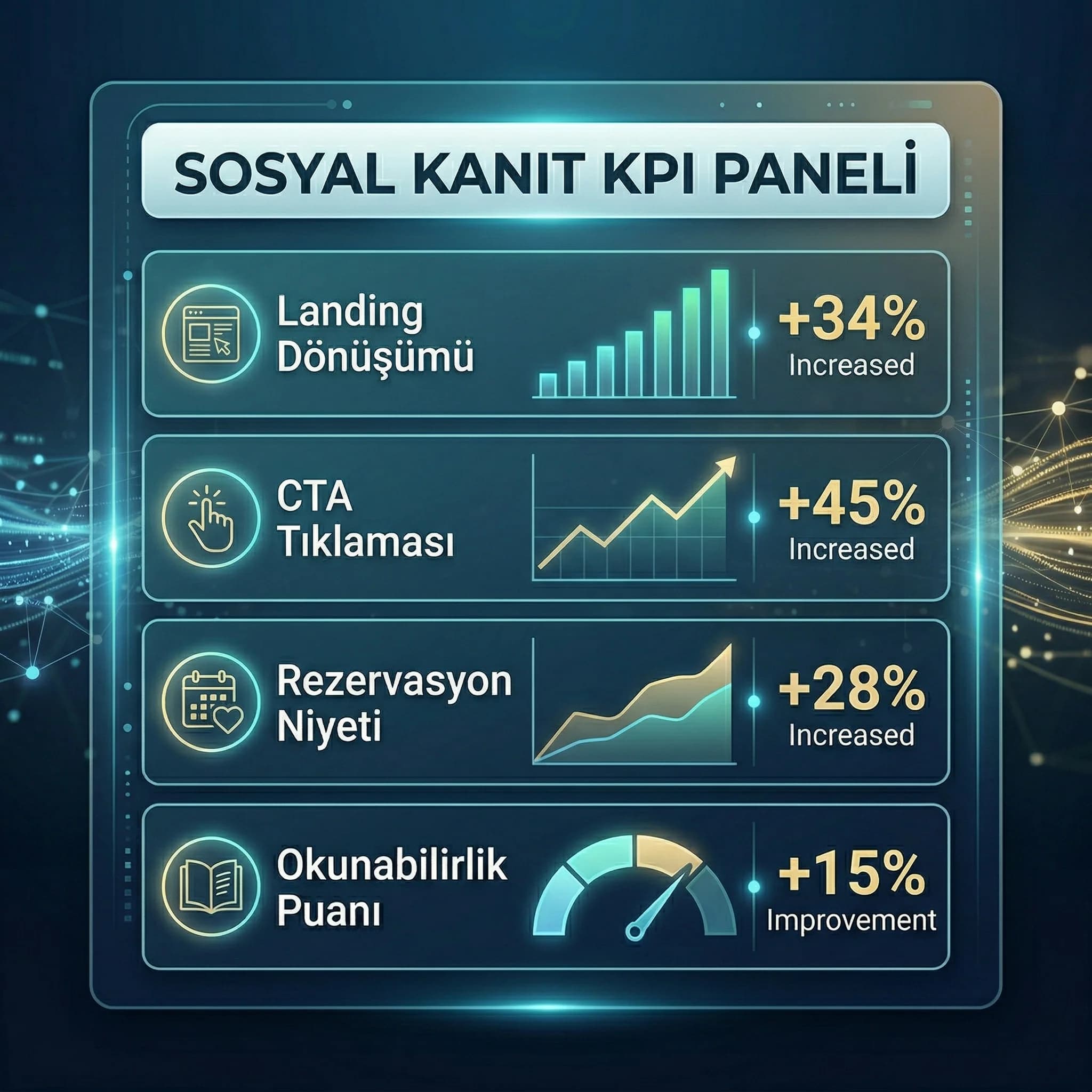 Sosyal kanıt KPI kartı, dönüşüm desteği ve okunabilirlik paneli