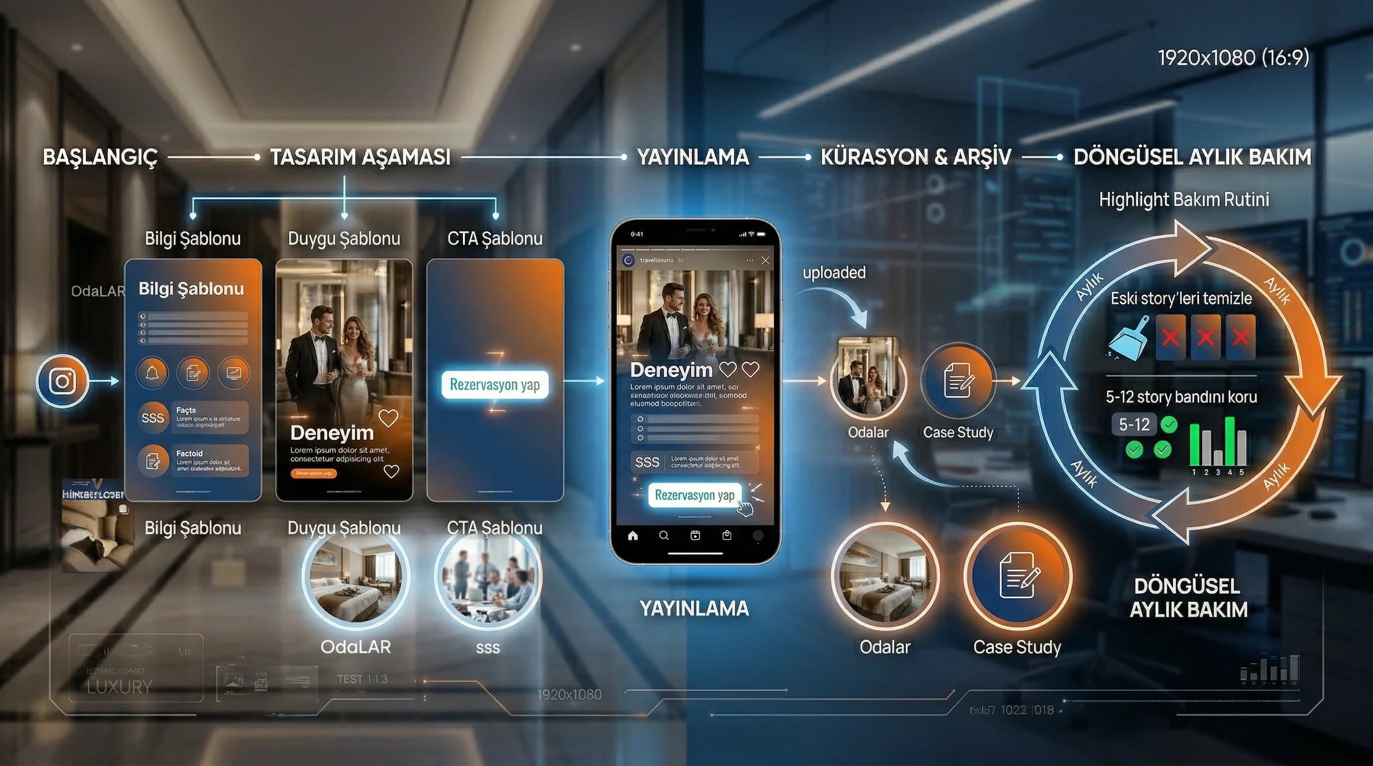 Story ve highlight paket akış diyagramı, kategori şablon CTA ve arşiv modeli