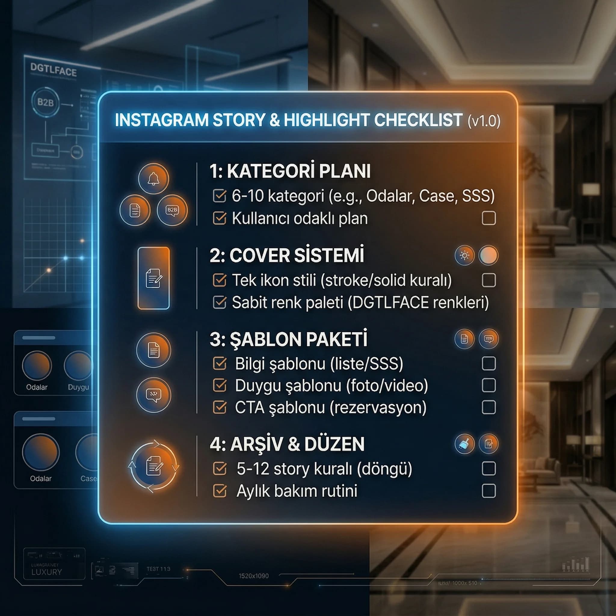 Story highlight checklist kartı, kategori ikon set ve CTA yerleşim kontrolü