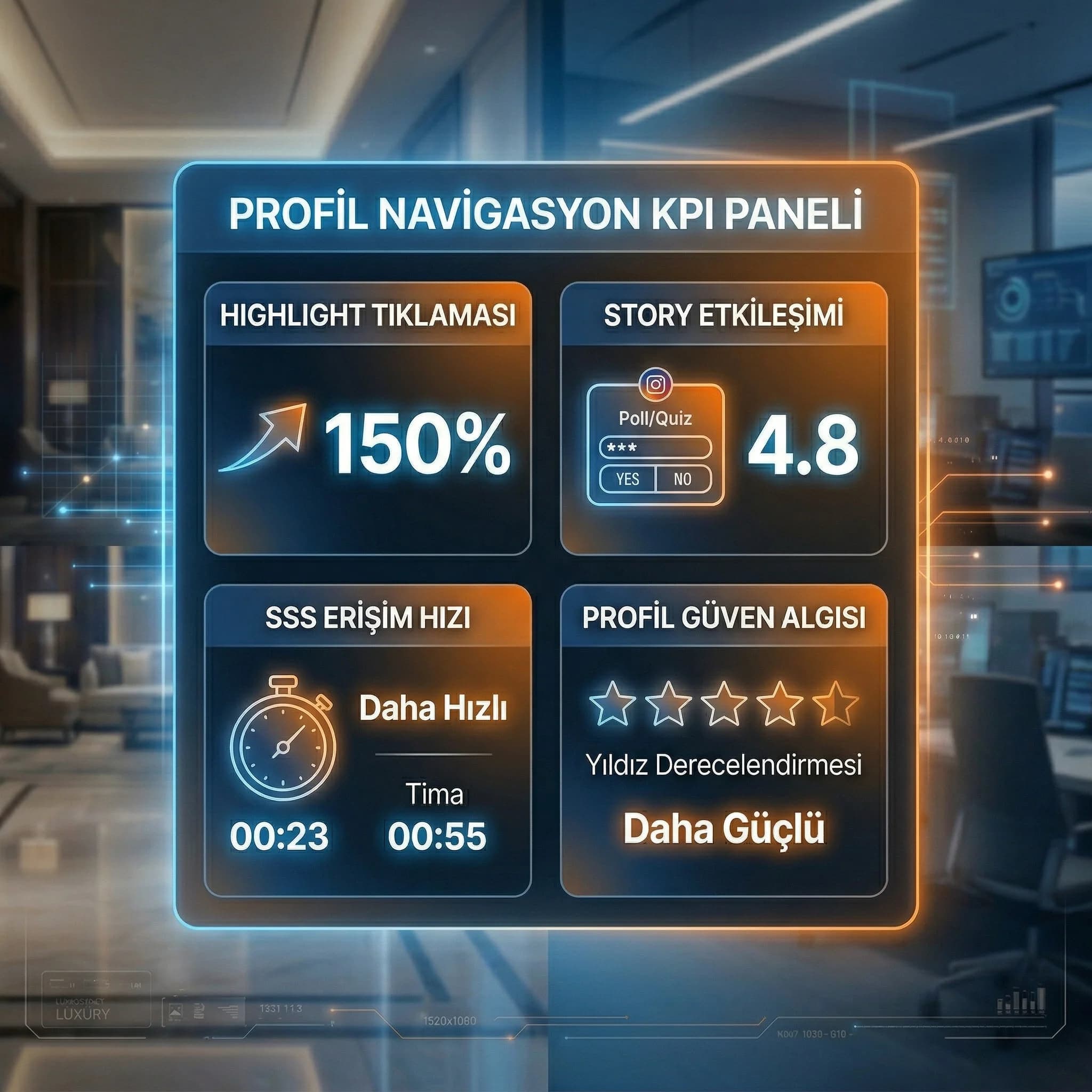 Profil navigasyon KPI kartı, highlight tıklaması ve story etkileşim paneli
