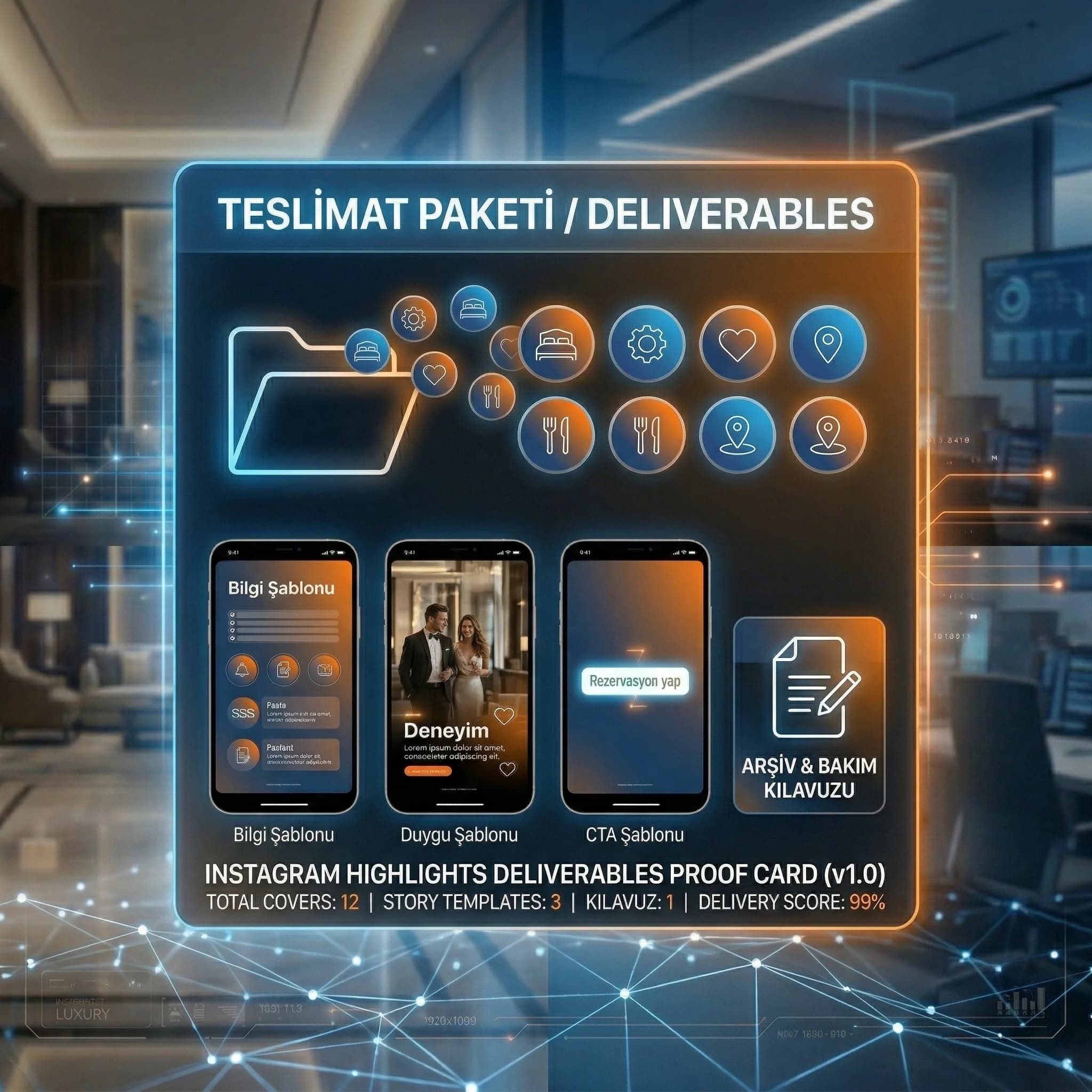 Story ve highlight deliverables kartı, şablon seti ve kapak ikon paketi
