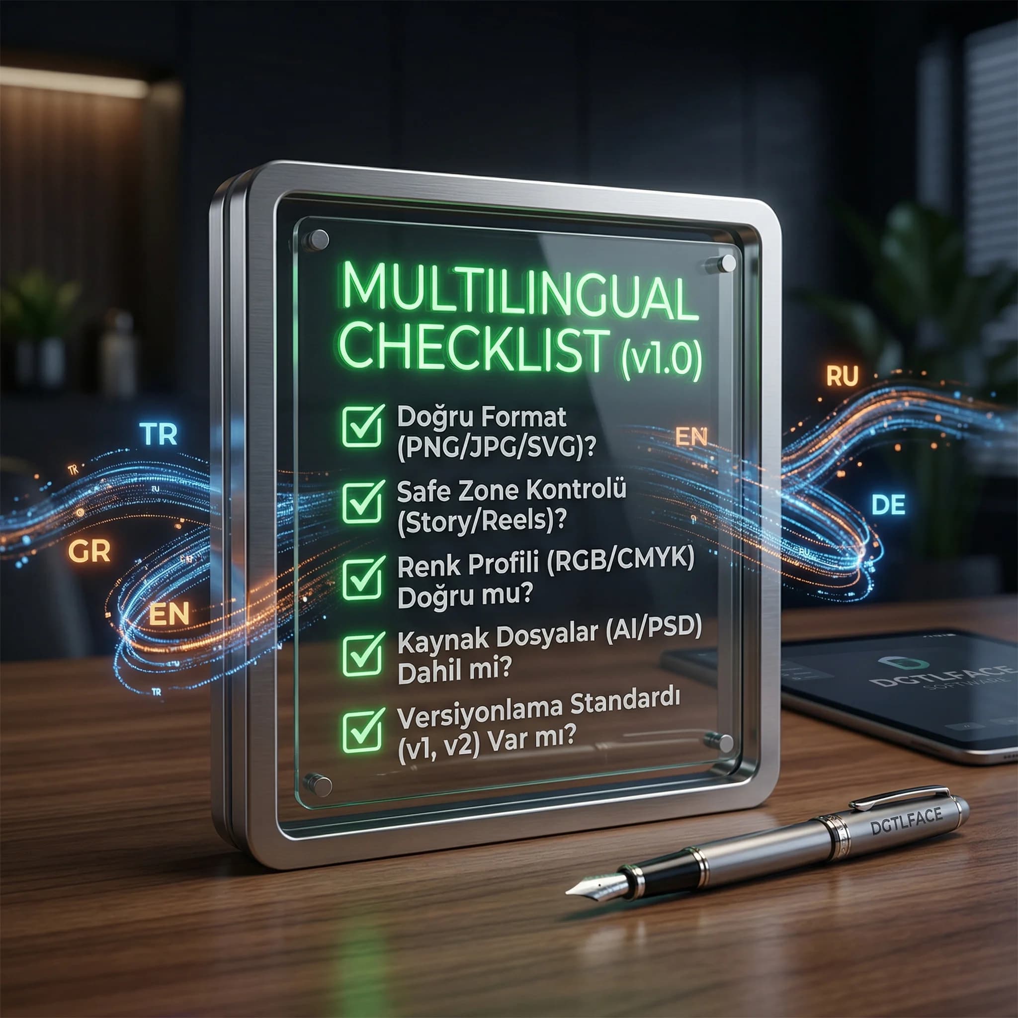 Multilingual checklist kartı, font metin alanı subtitle ve export kontrolü