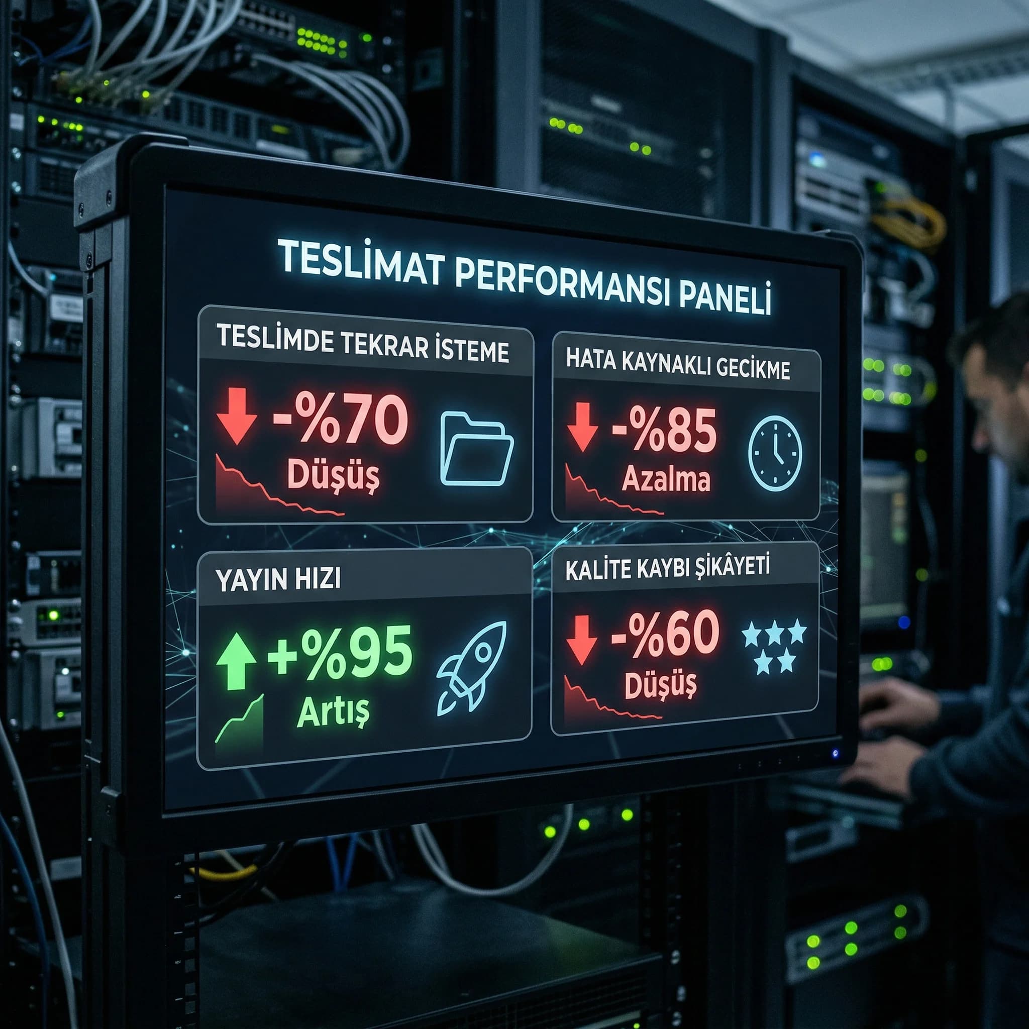 Çok dilli üretim KPI kartı, revizyon azalması ve hızlanma paneli