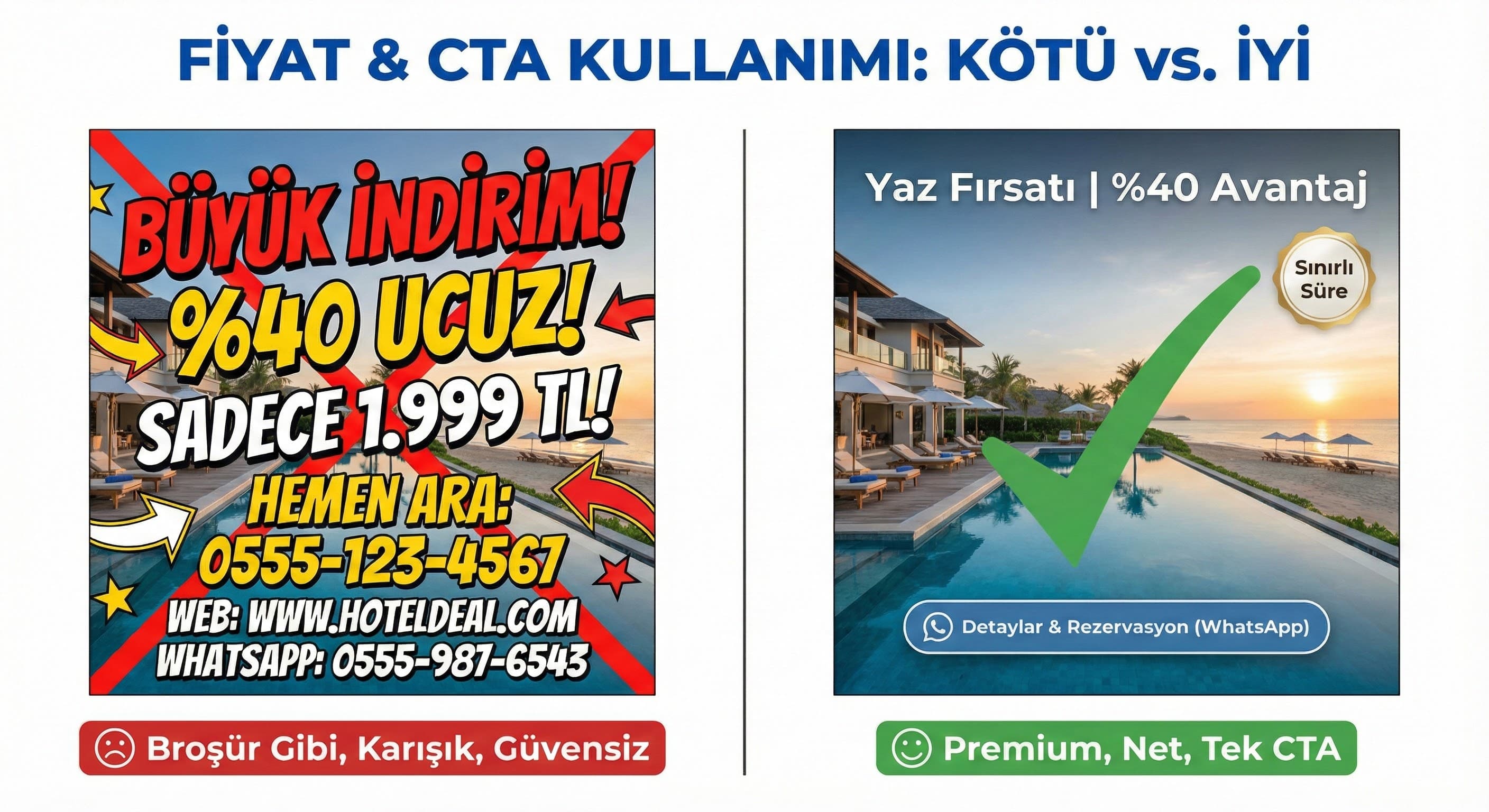 Yazı alanı, fiyat/CTA kullanımı