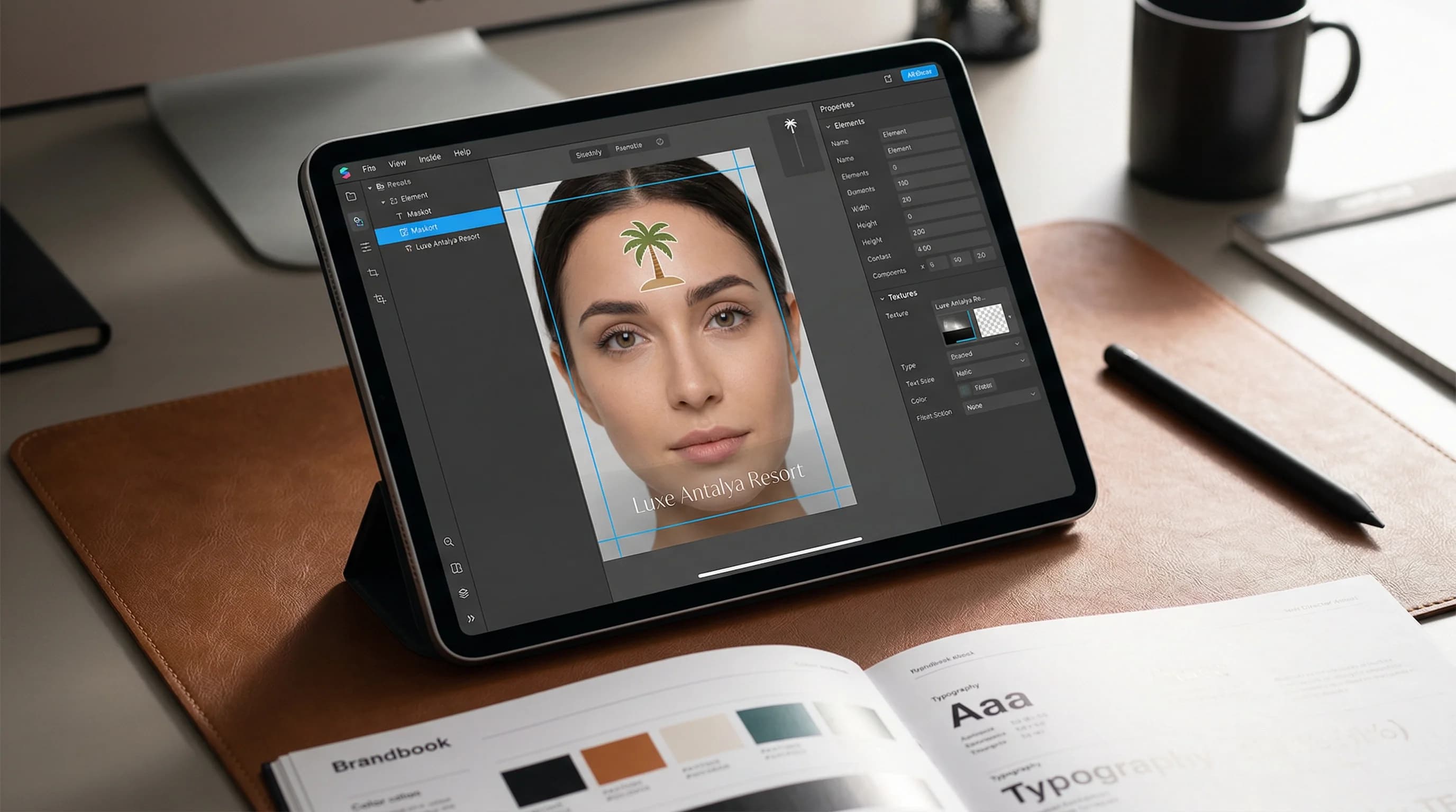 AR arayüz mockup, marka öğeleri ve yüz efekti yerleşimi örneği