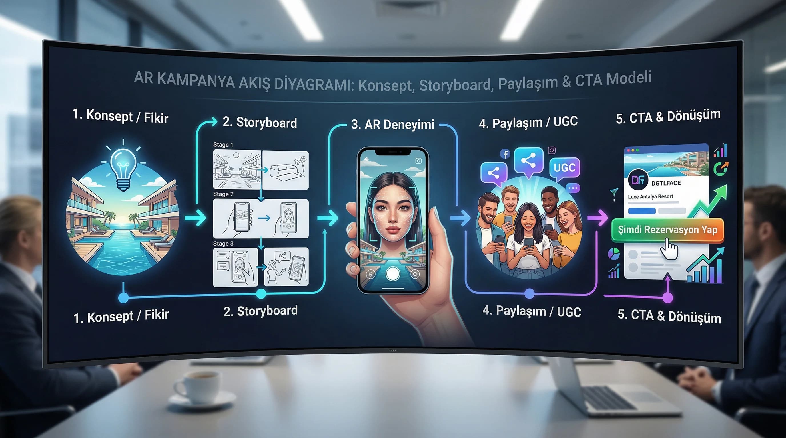 AR kampanya akış diyagramı, konsept storyboard paylaşım ve CTA modeli