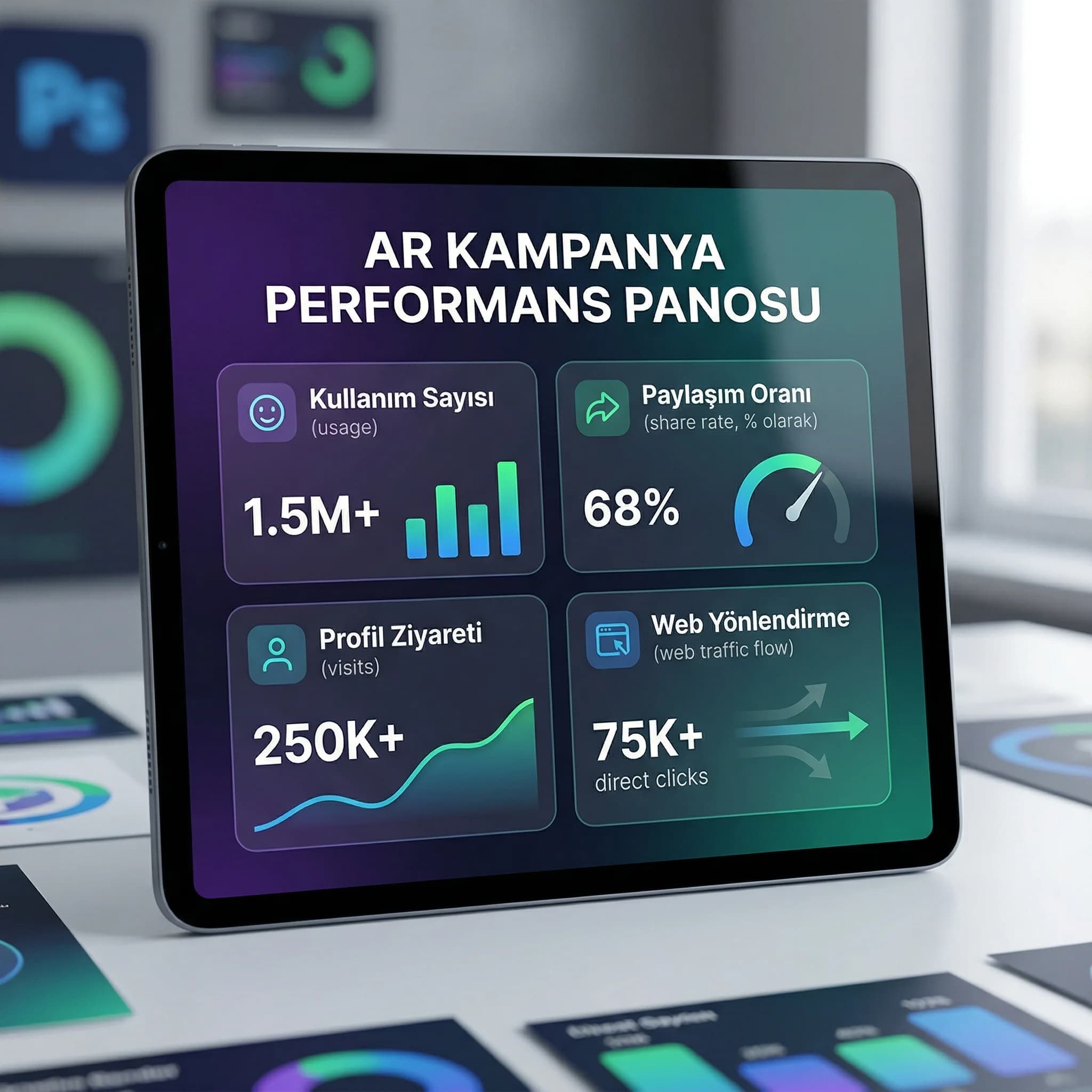 AR KPI kartı, filtre kullanım paylaşım profil ziyareti ve web yönlendirme