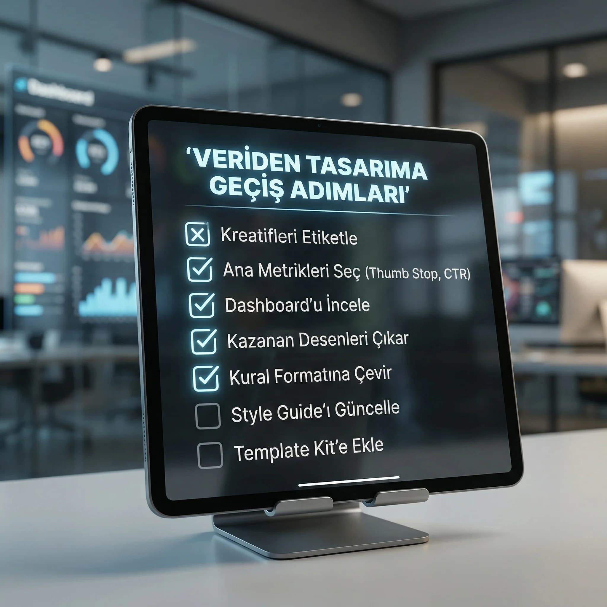 Data-driven creative checklist kartı, metrikten tasarım kuralı çıkarma adımları