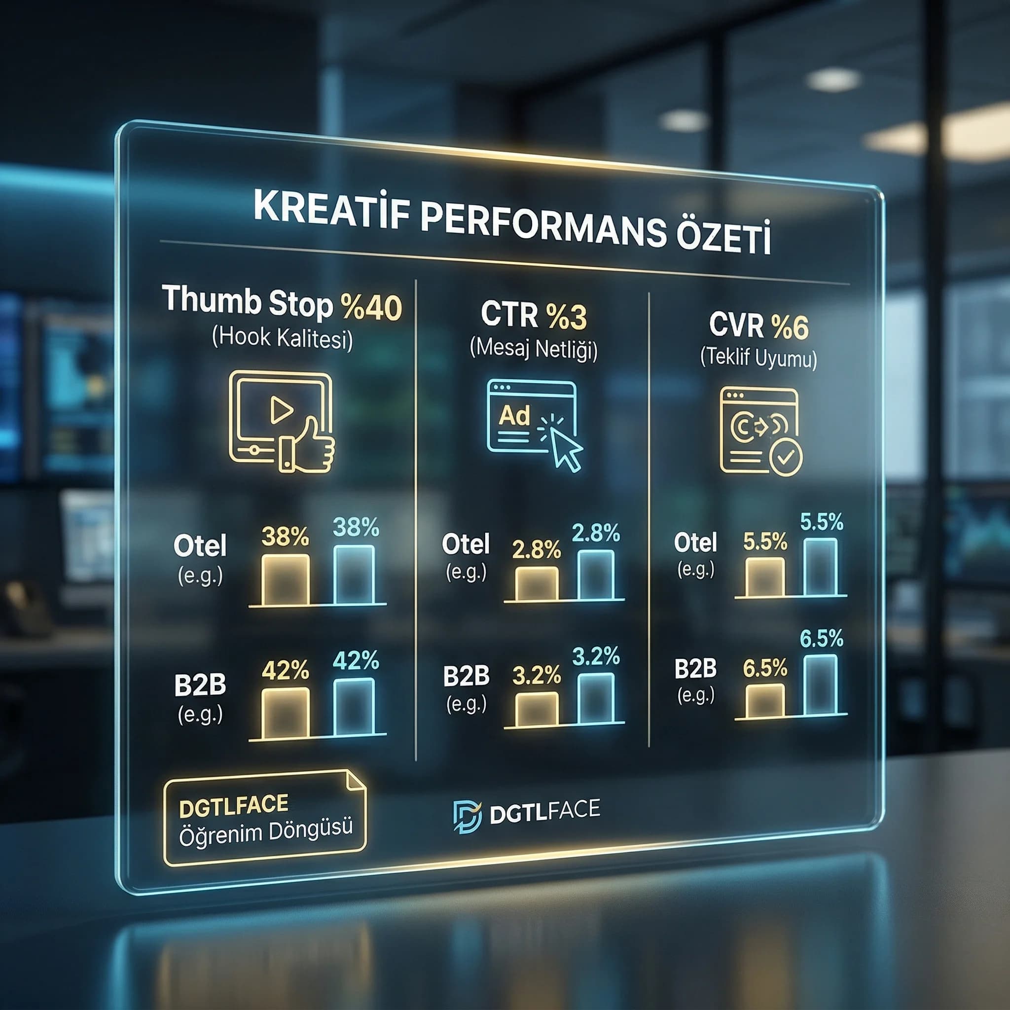 Kreatif KPI kartı, thumb stop CTR CVR ve öğrenim paneli