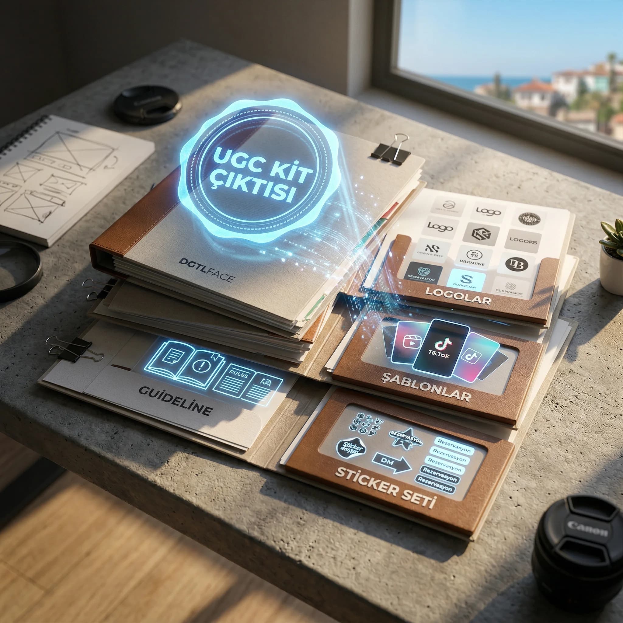 UGC kit deliverables kartı, logo renk overlay ve sticker paket çıktısı