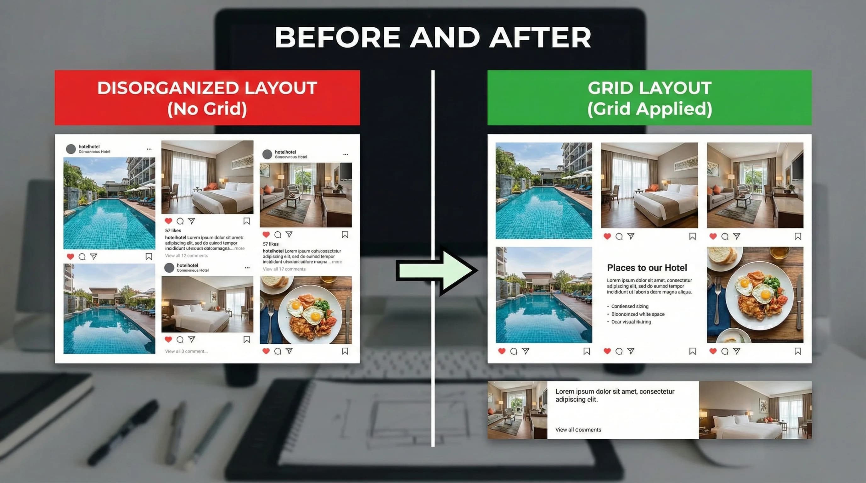 Dağınık post görünümü vs gridli düzen, otel sosyal medya örneği