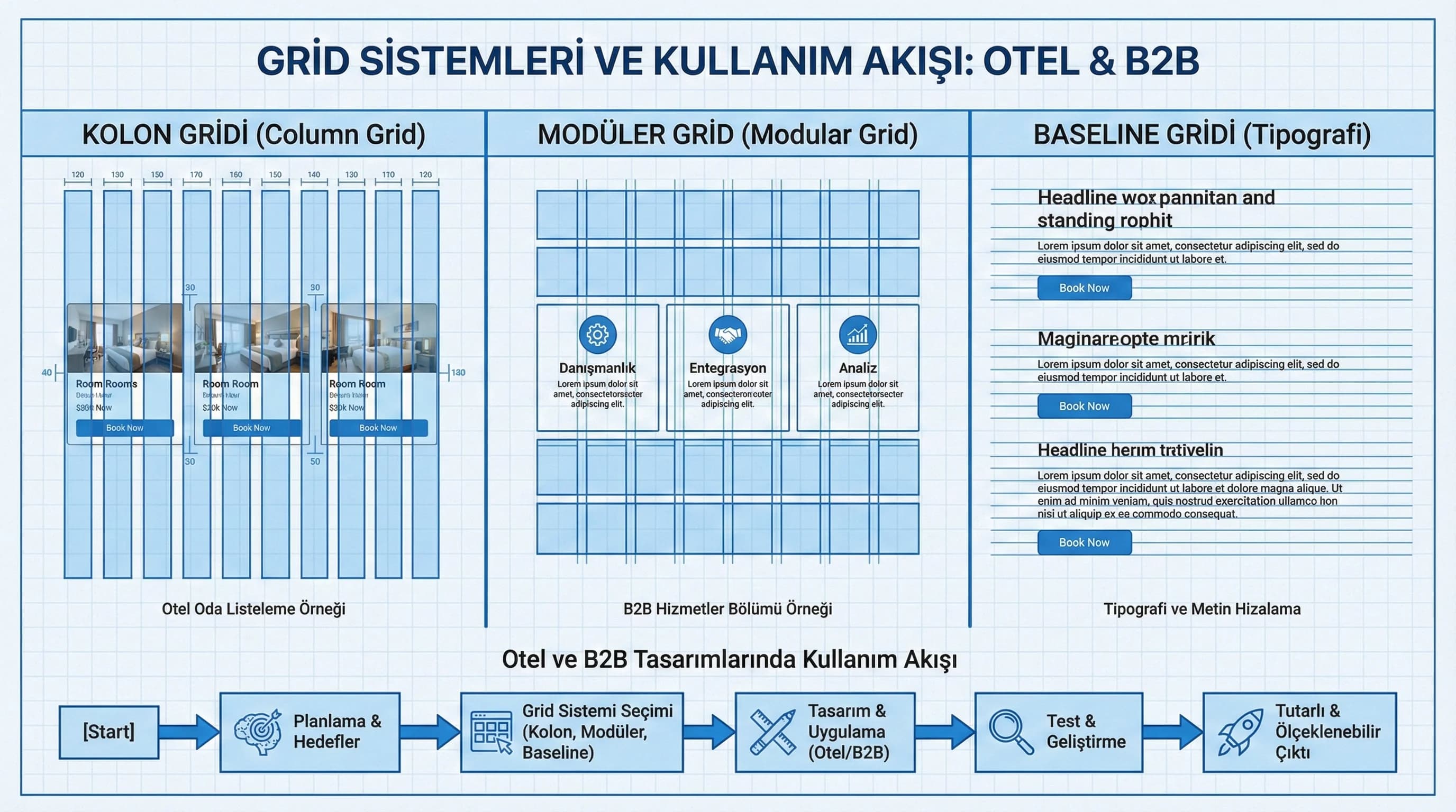 Kolon-modüler-baseline grid diyagramı, otel ve B2B kullanım akış