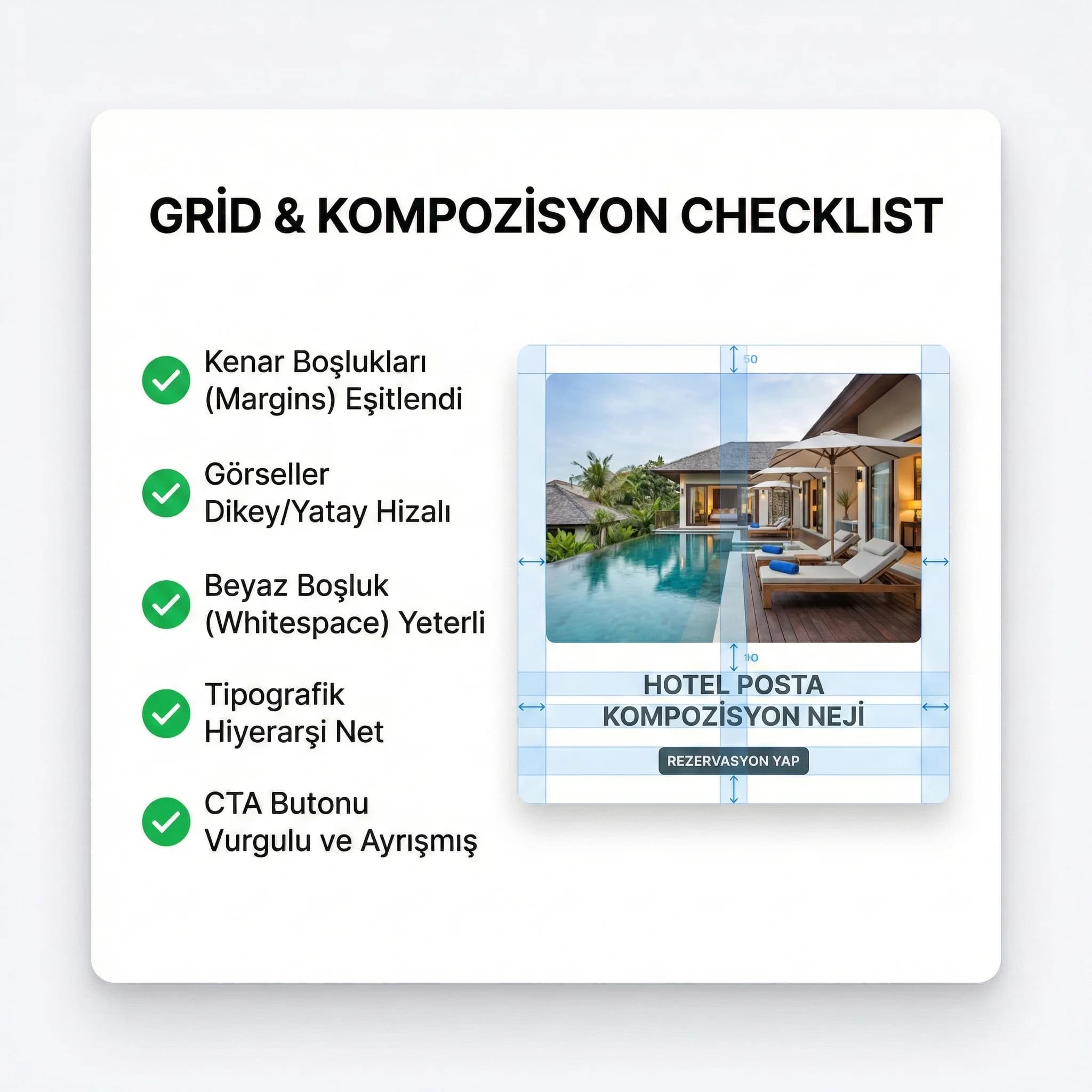 Grid kontrol checklist kartı, postlarda hizalama ve whitespace kontrolü