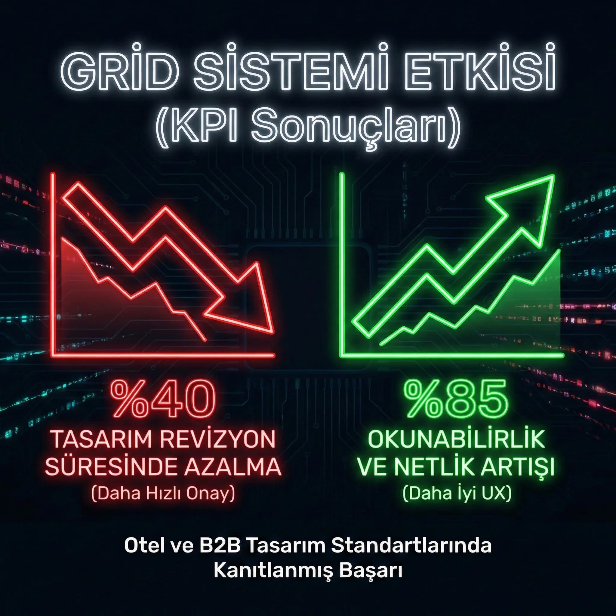 Revizyon azalması ve okunabilirlik KPI kartı, otel ve B2B tasarım standardı
