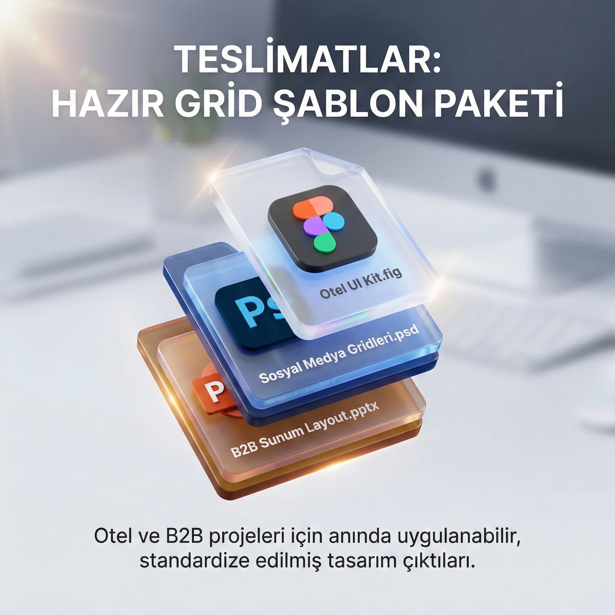 Grid şablon paketi deliverables kartı, otel ve B2B için uygulanabilir çıktılar