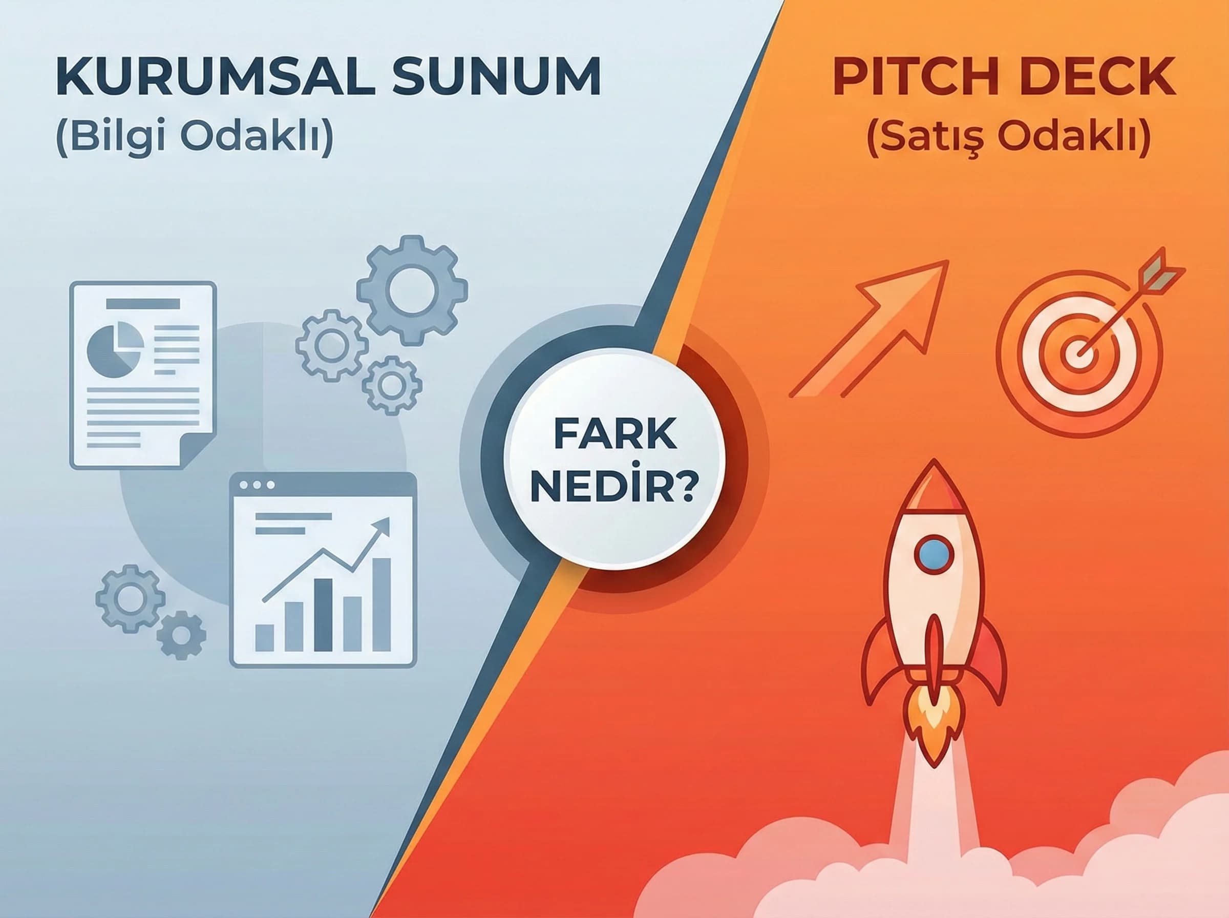 Pitch deck ve kurumsal sunum farkı ayırıcı, B2B satış sunumu odağ