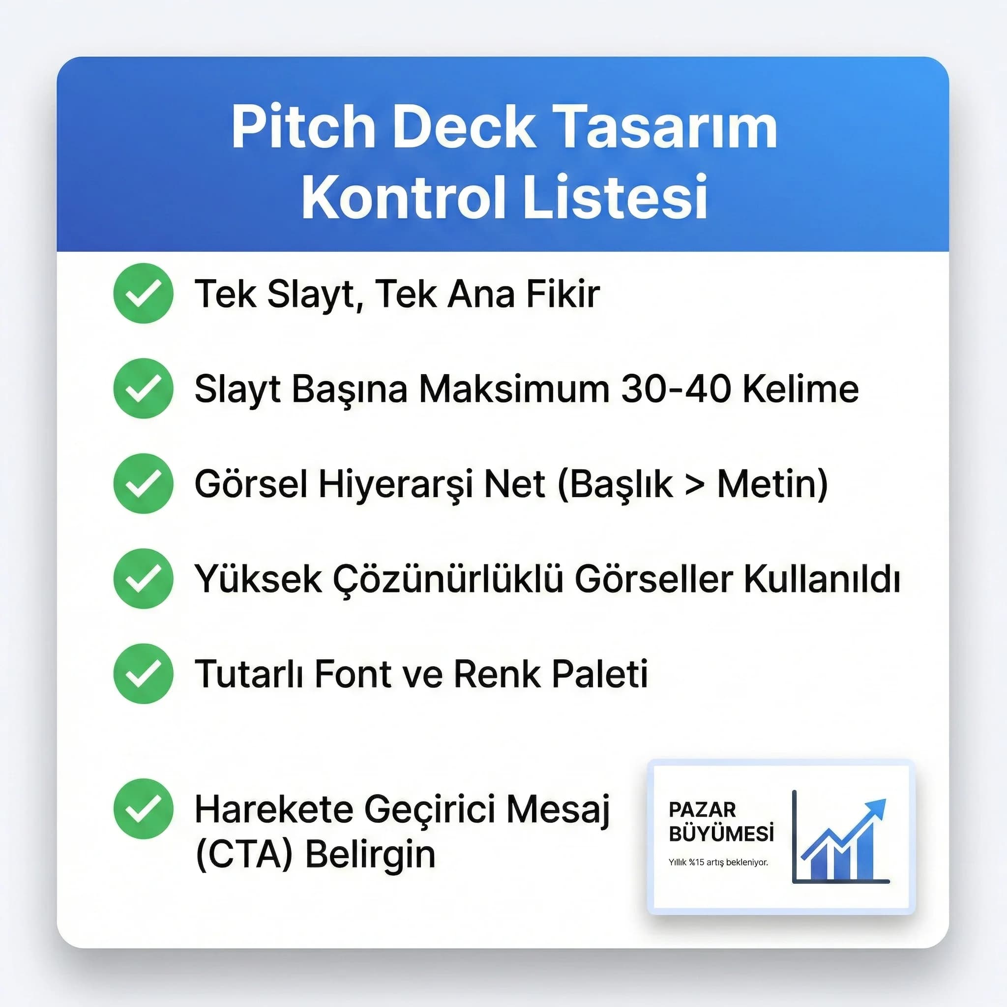Pitch deck checklist kartı, slayt başına metin sınırı ve hiyerarşi