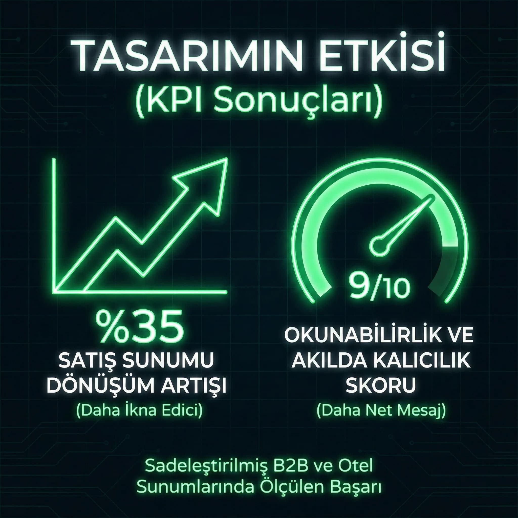 Sunum sadeleştirme KPI kartı, satış dönüşümü ve okunabilirlik paneli