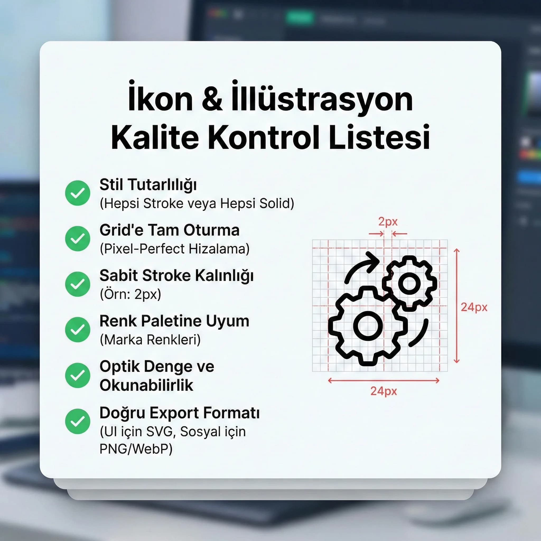 Icon/illustration kontrol checklist kartı, grid stroke renk kuralları