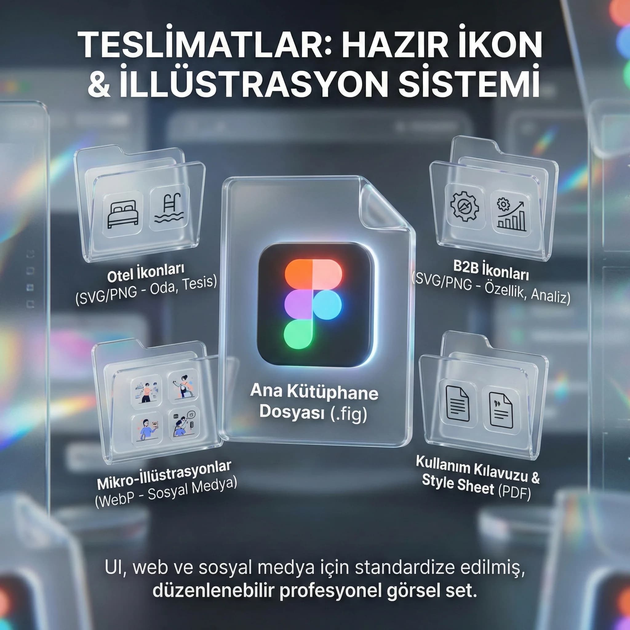 Icon set deliverables kartı, otel ve B2B için çekirdek ikon temaları