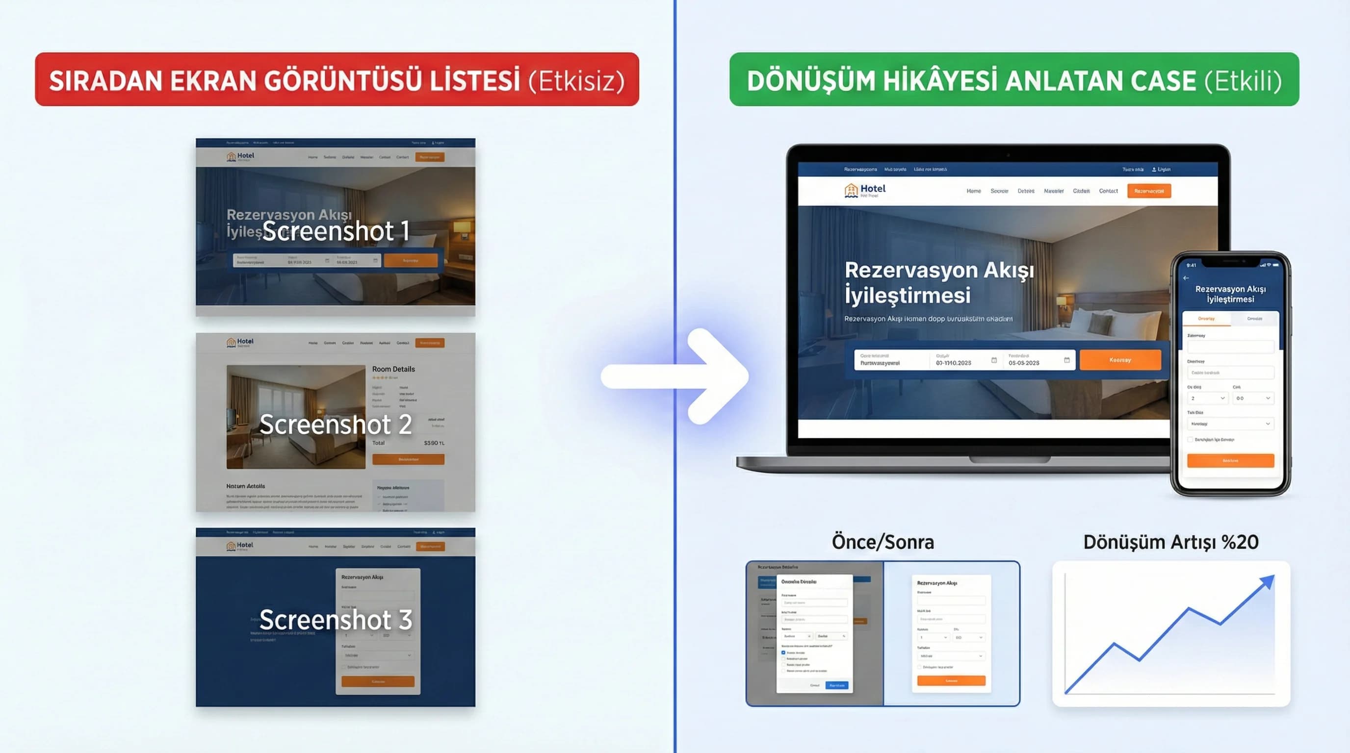 Ekran görüntüsü listesi vs case hikâyesi, otel ve B2B portfolyo karşılaştırma