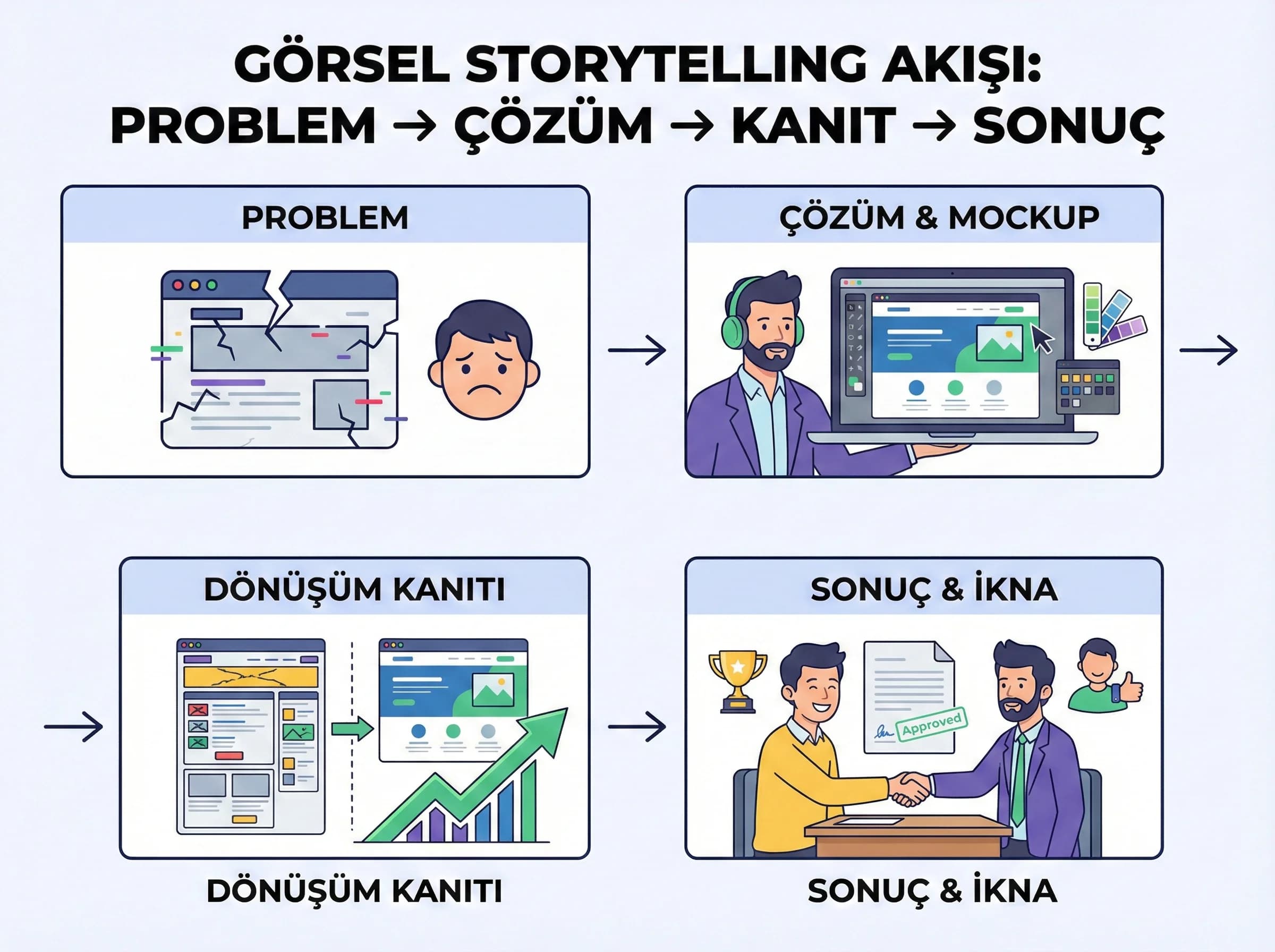 Case storytelling ayırıcı görseli, dönüşüm kanıtı ve ikna akışı