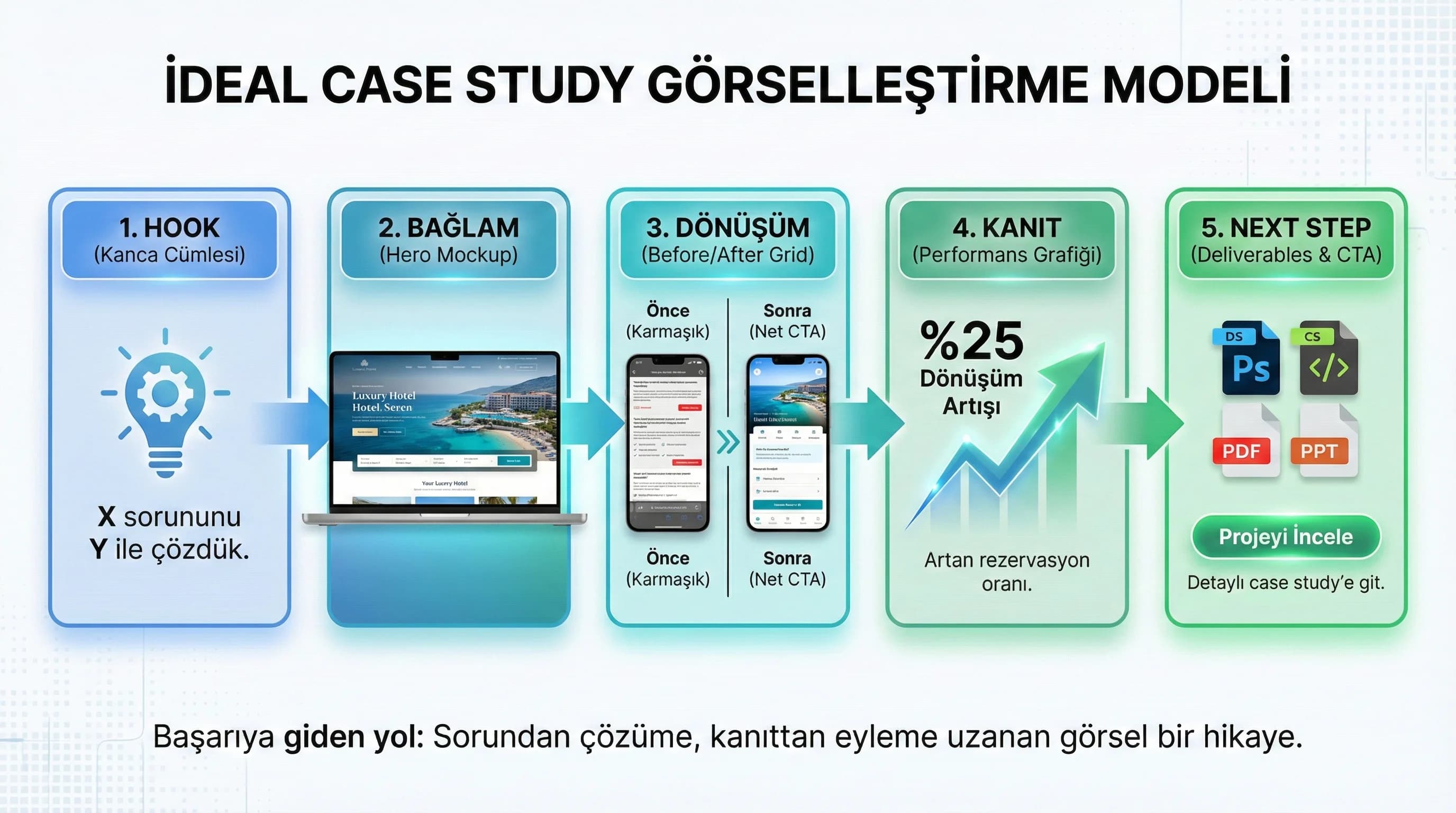Case görselleştirme akış diyagramı, hook-bağlam-before-after-kanıt-CTA