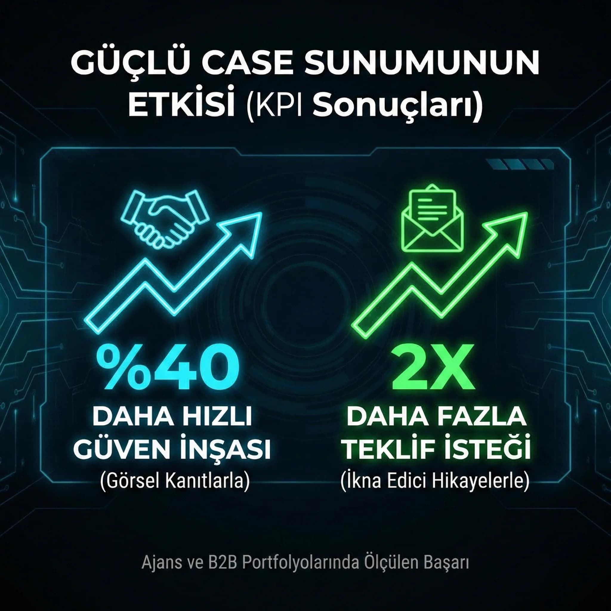 Case sunum KPI kartı, güven ve teklif isteği etkisi paneli