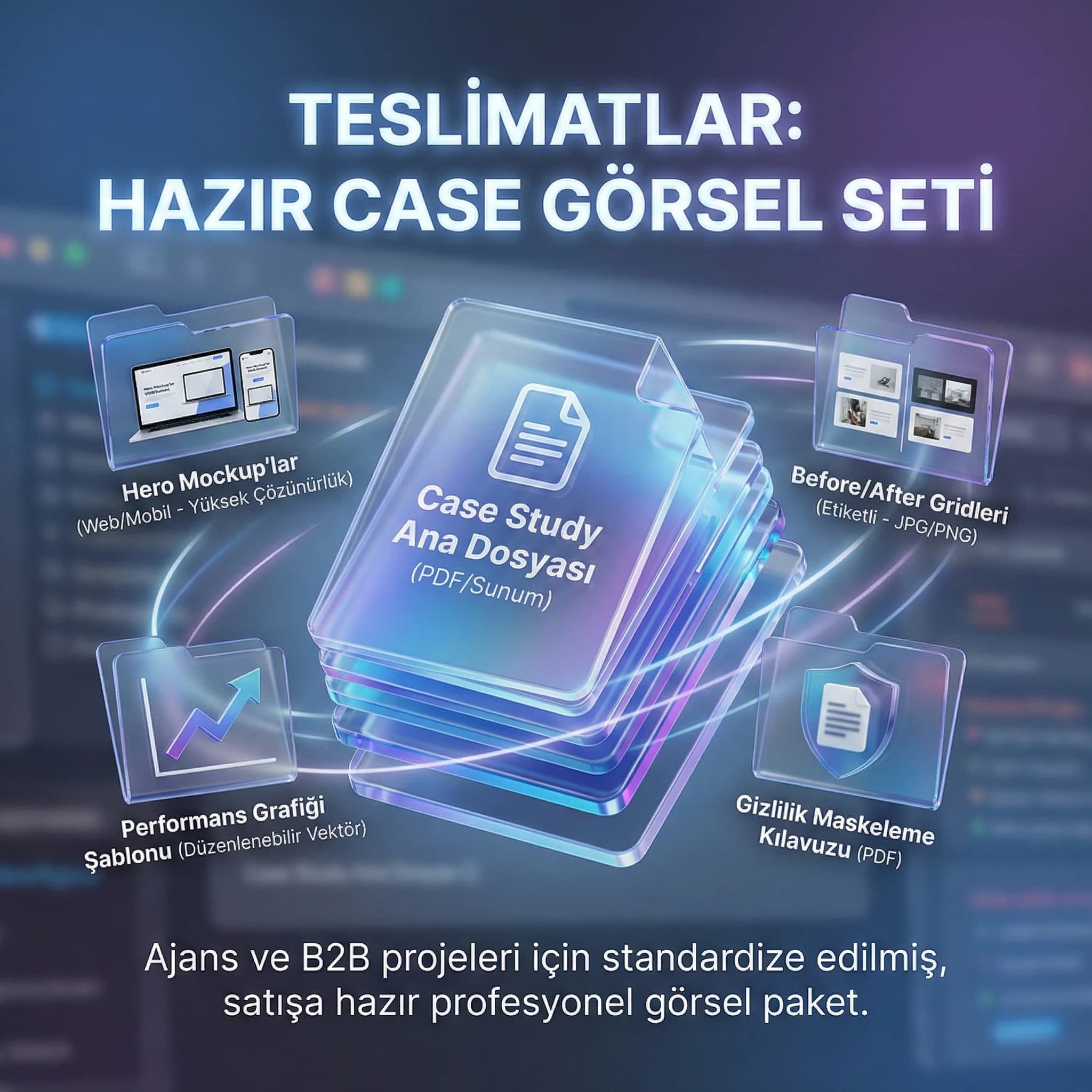 Case deliverables kartı, mockup-before-after-performans grafiği seti çıktıları