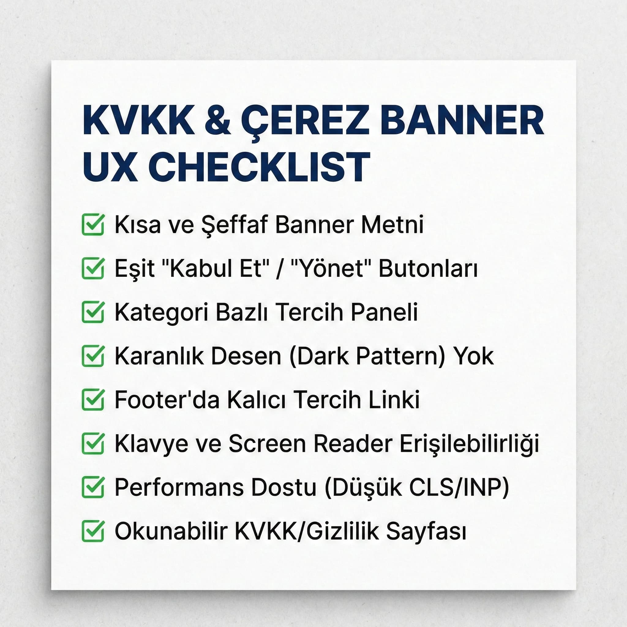 KVKK ve çerez banner UX checklist kartı