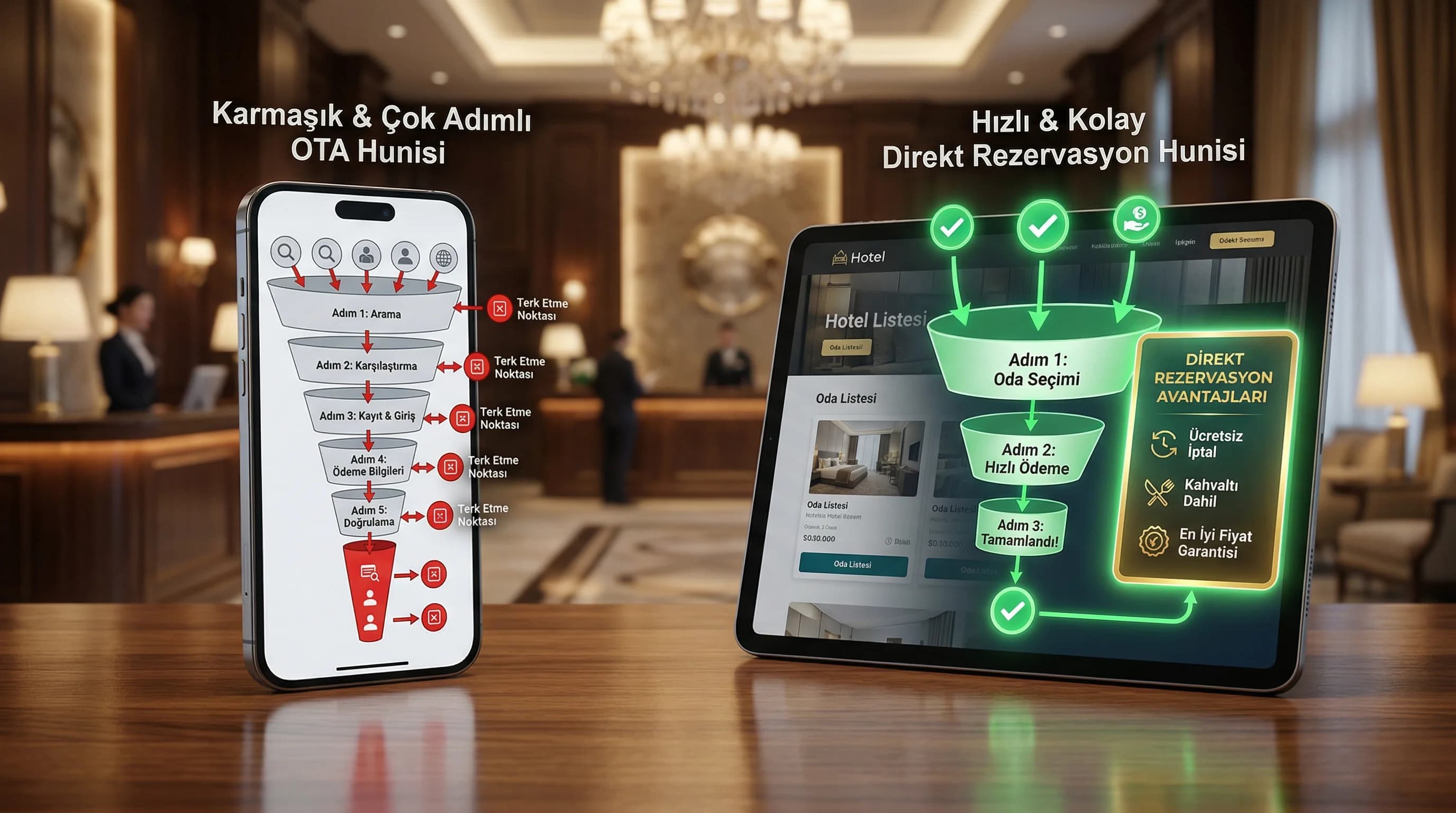 OTA vs direct funnel ve avantaj kutusu yerleşimini gösteren diyagram