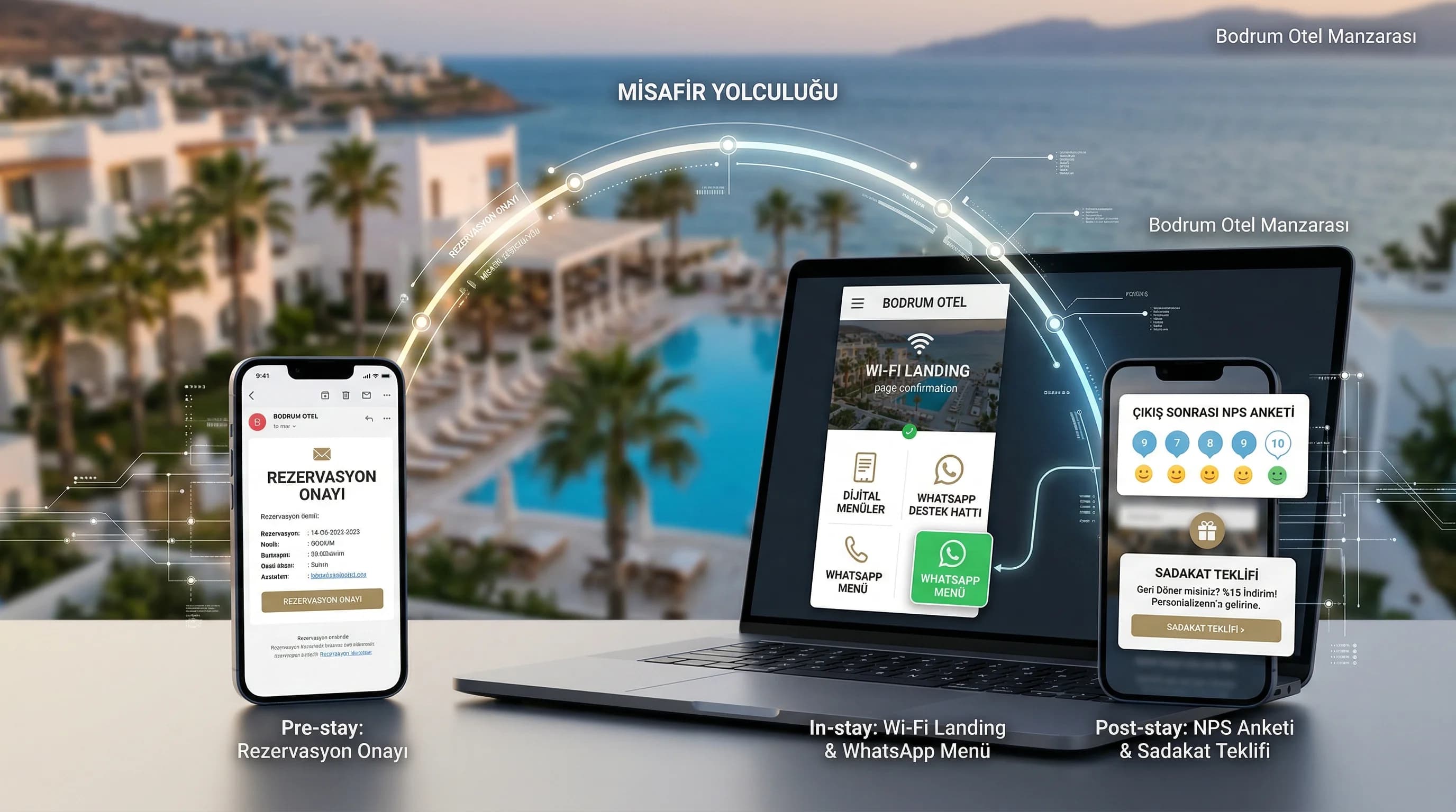 Web, e-posta ve WhatsApp temas noktalarını tek journey’de gösteren bağlam görseli