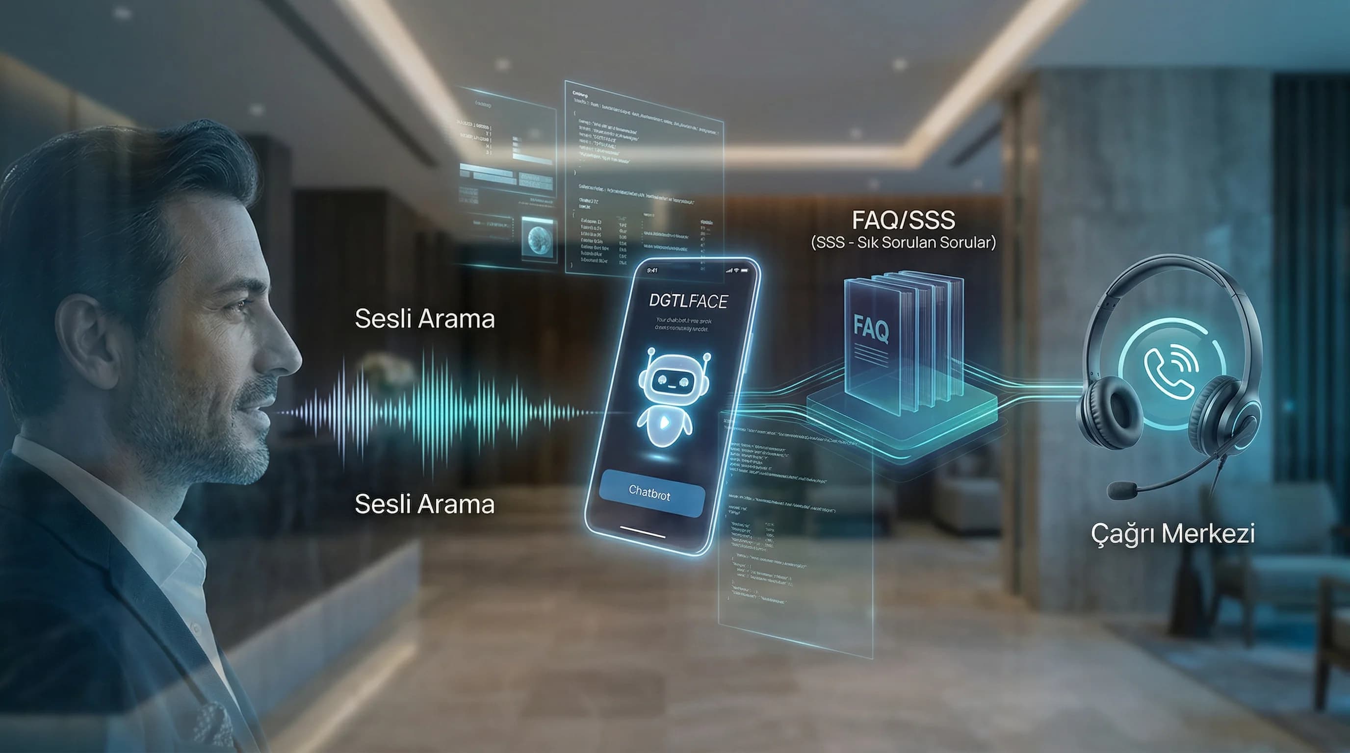 Voice search, FAQ ve bot entegrasyonunu gösteren bağlam görseli