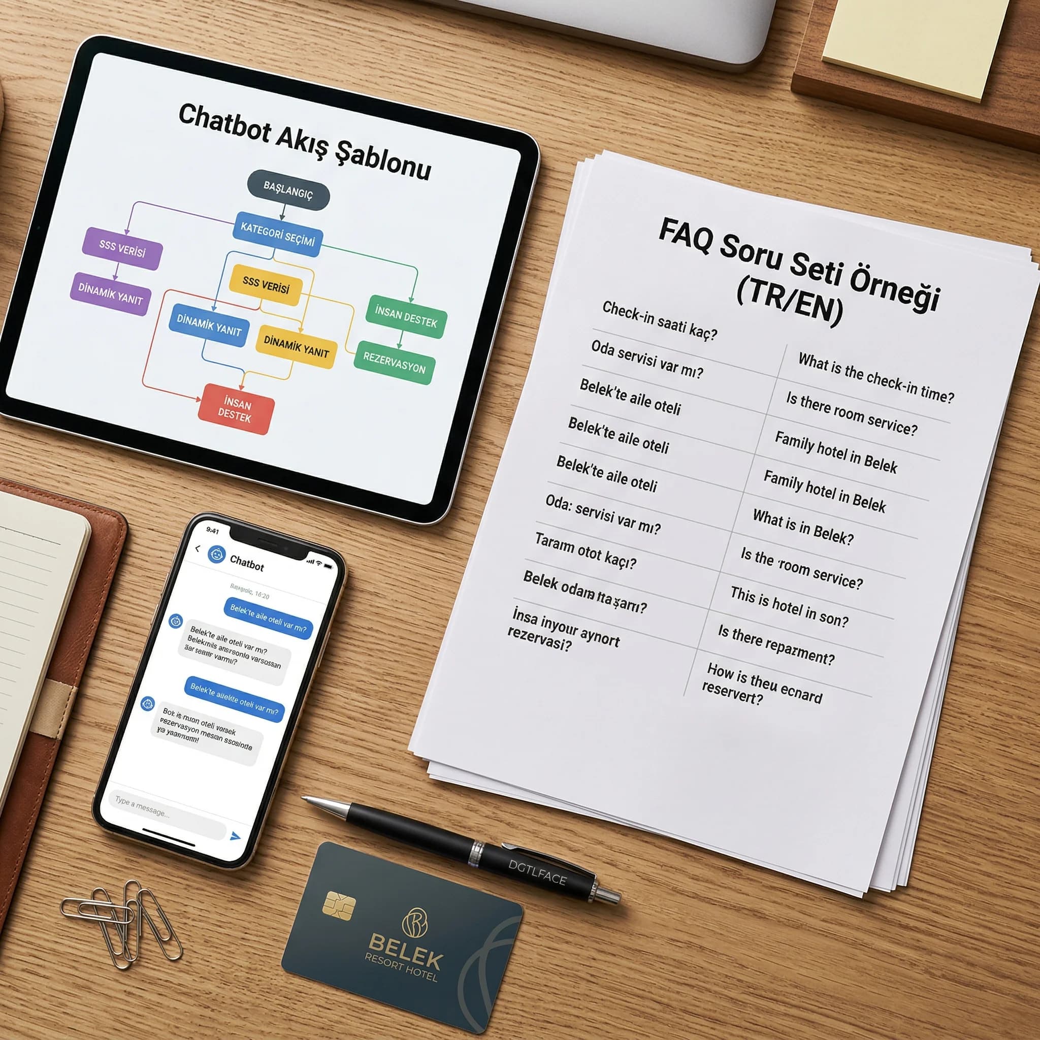FAQ soru seti ve chatbot akış şablonu deliverables kanıt kartı otel bağlamı