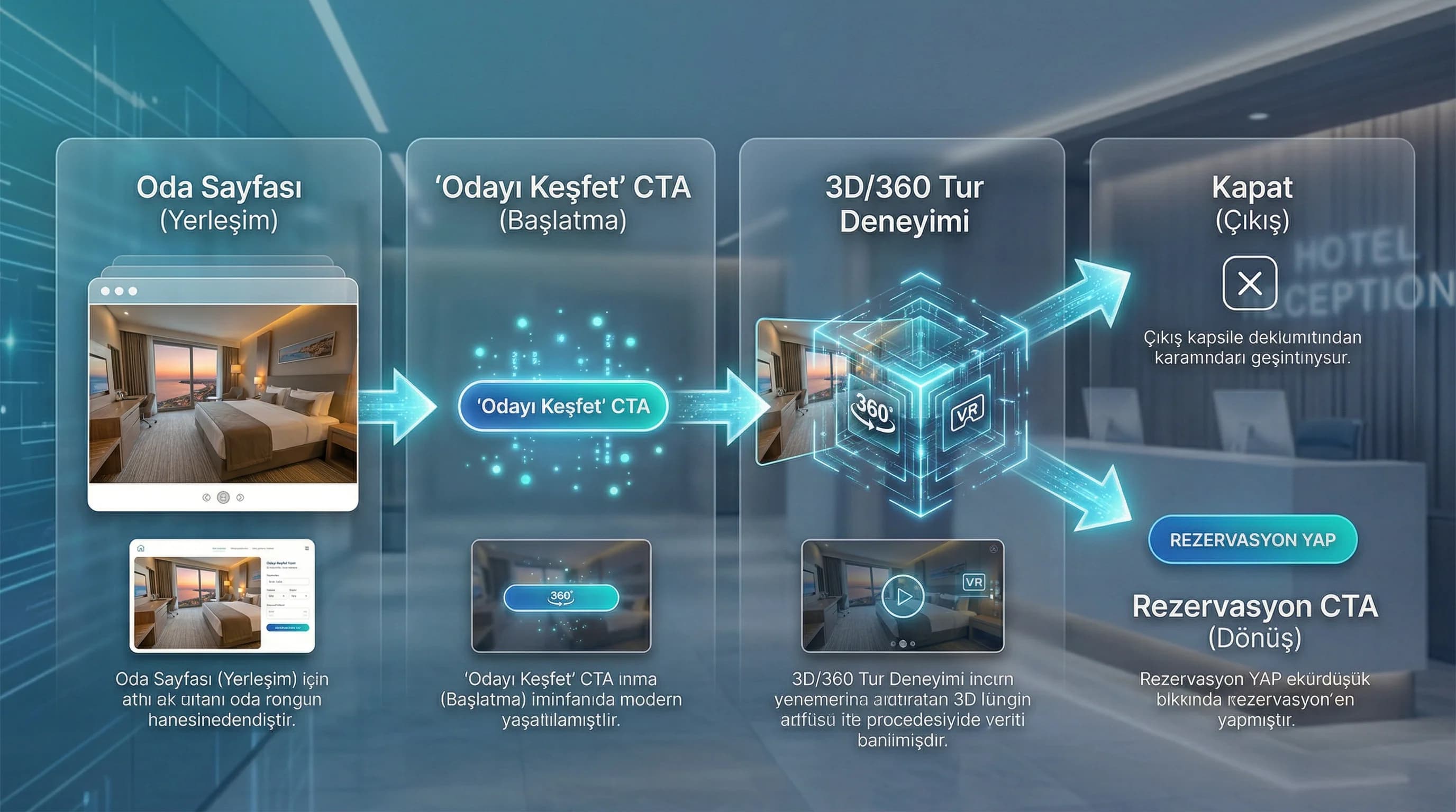 3D/360 tur yerleşimi ve CTA akış şeması