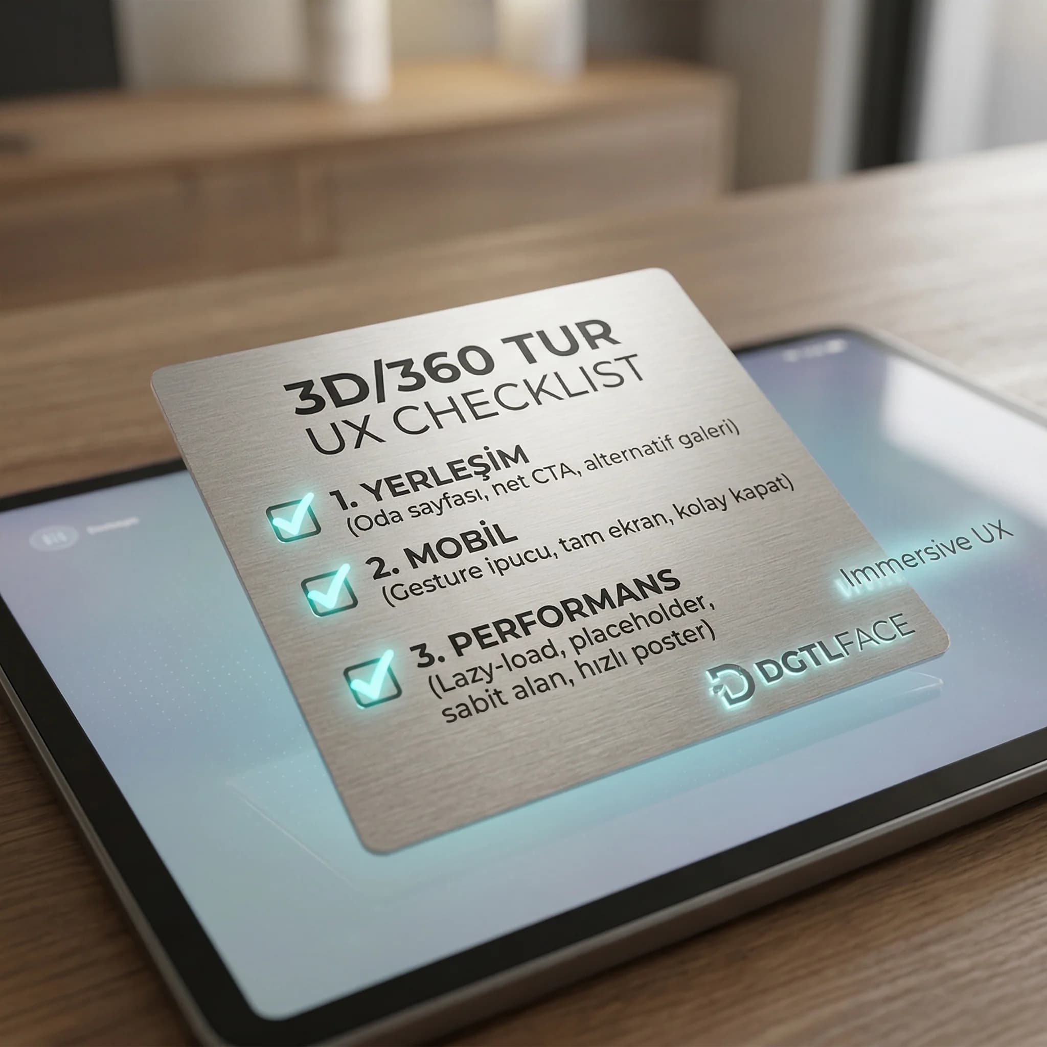 3D/360 tur UX checklist kartı otel bağlamı