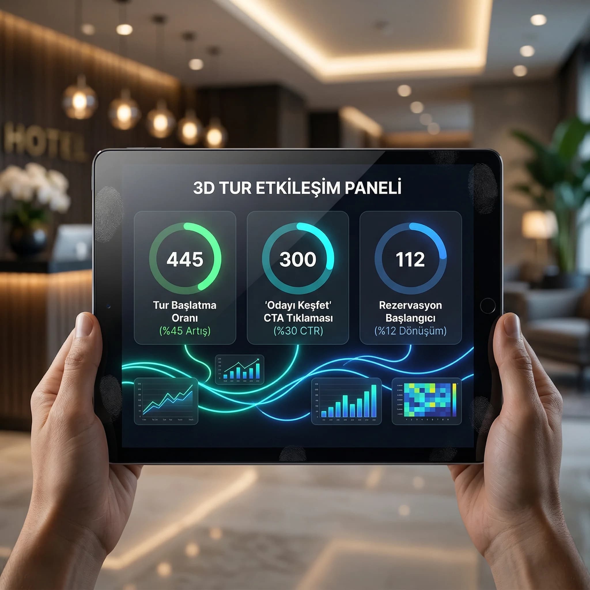 3D tur etkileşim ve rezervasyon KPI paneli otel bağlamı